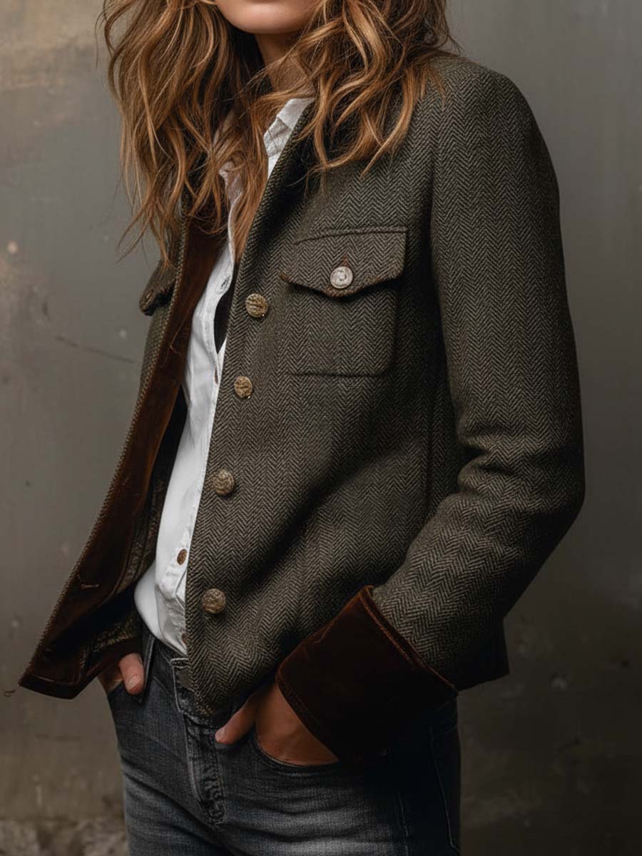 Raffaella Vintage Herringbone Blazer with Contrast Trim