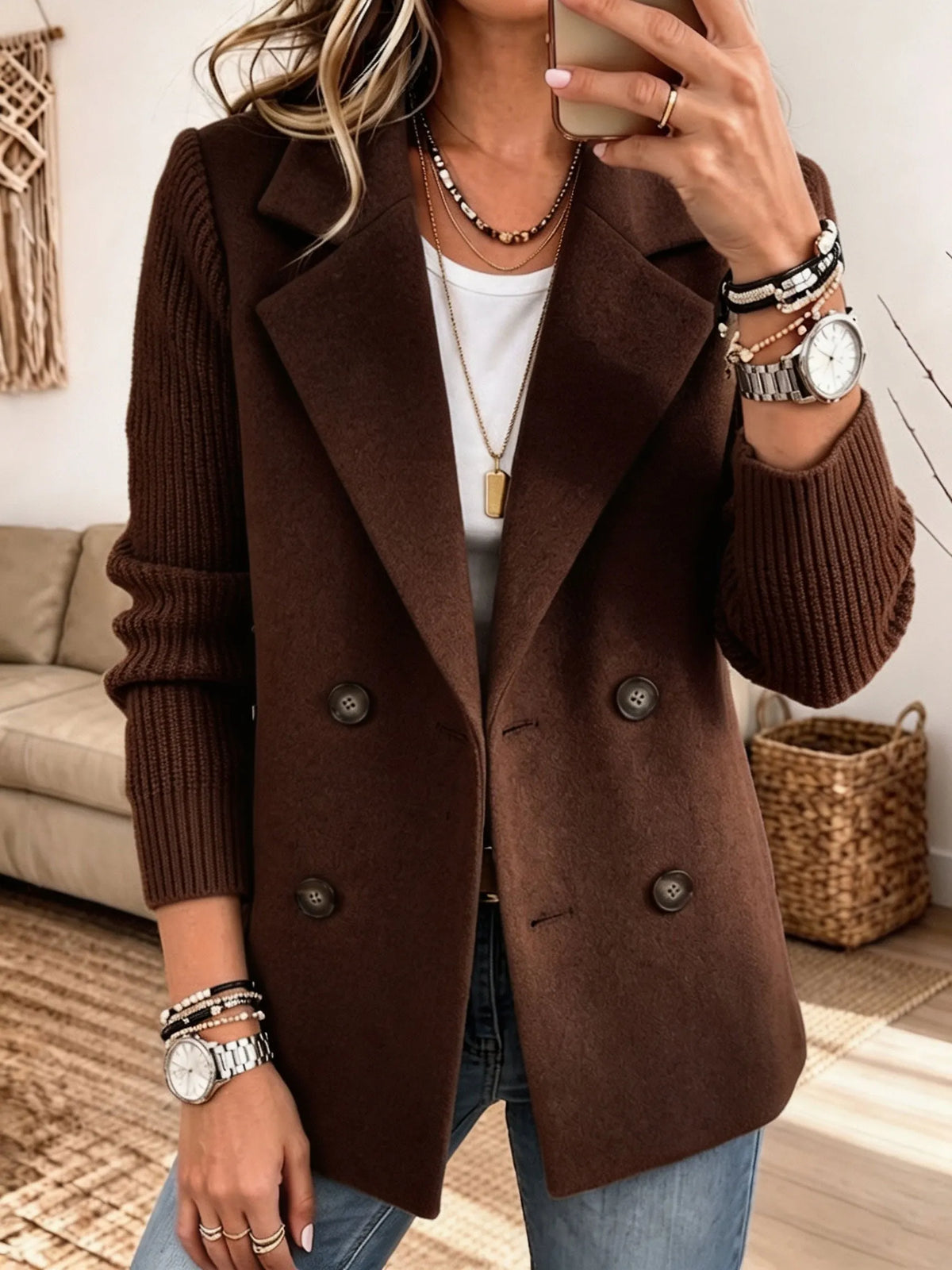 Marta Knit-Sleeve Double-Breasted Blazer