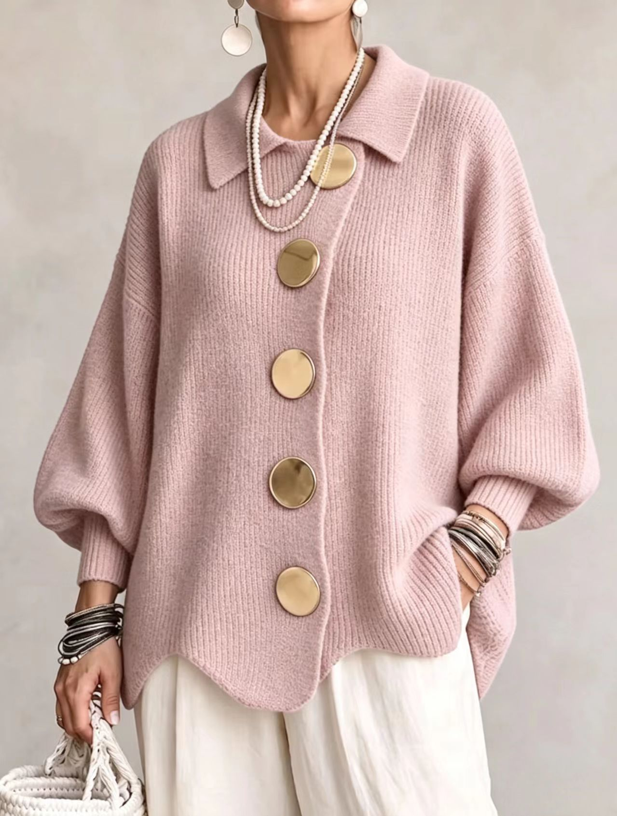 Vega Oversized Collared Cardigan with Gold Buttons