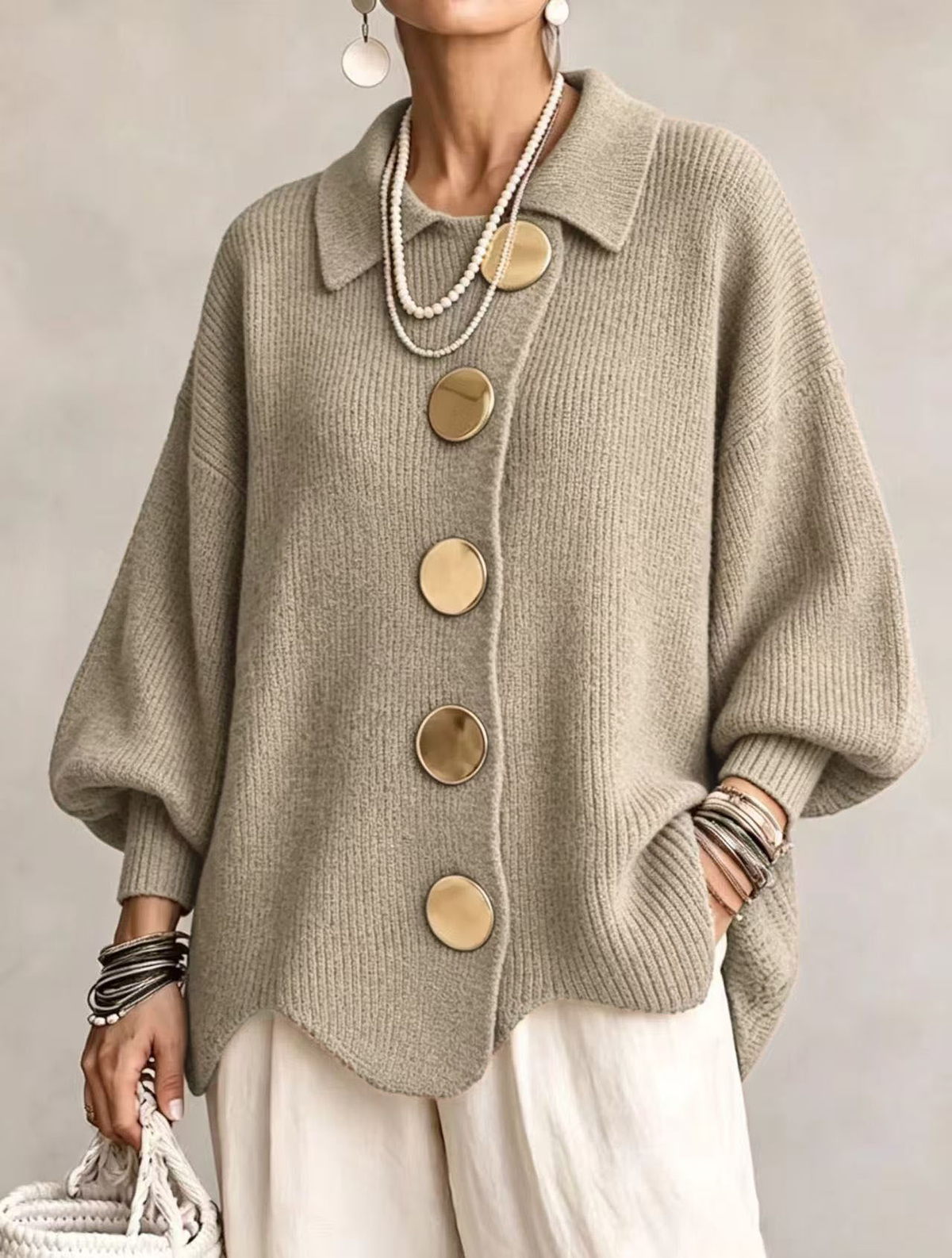 Vega Oversized Collared Cardigan with Gold Buttons