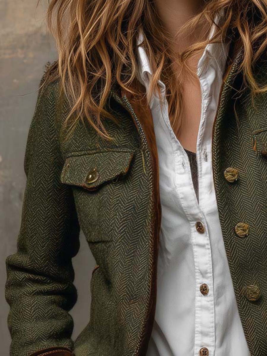 Raffaella Vintage Herringbone Blazer with Contrast Trim