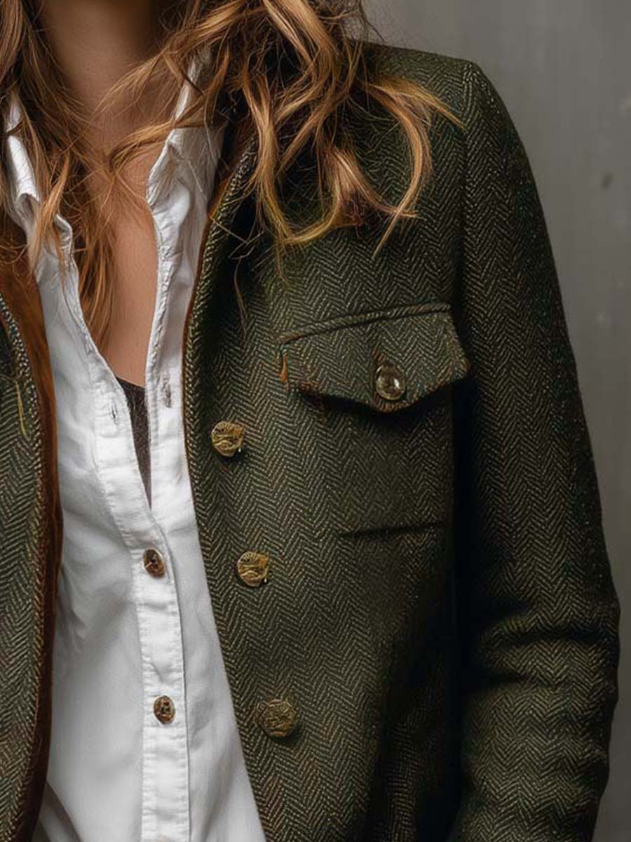 Raffaella Vintage Herringbone Blazer with Contrast Trim