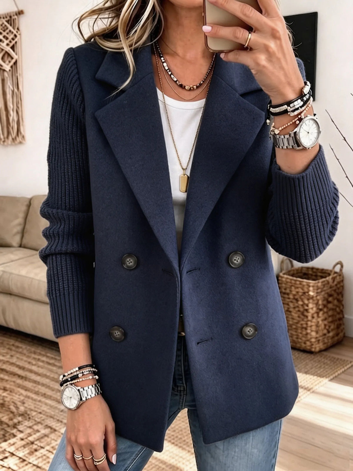Marta Knit-Sleeve Double-Breasted Blazer