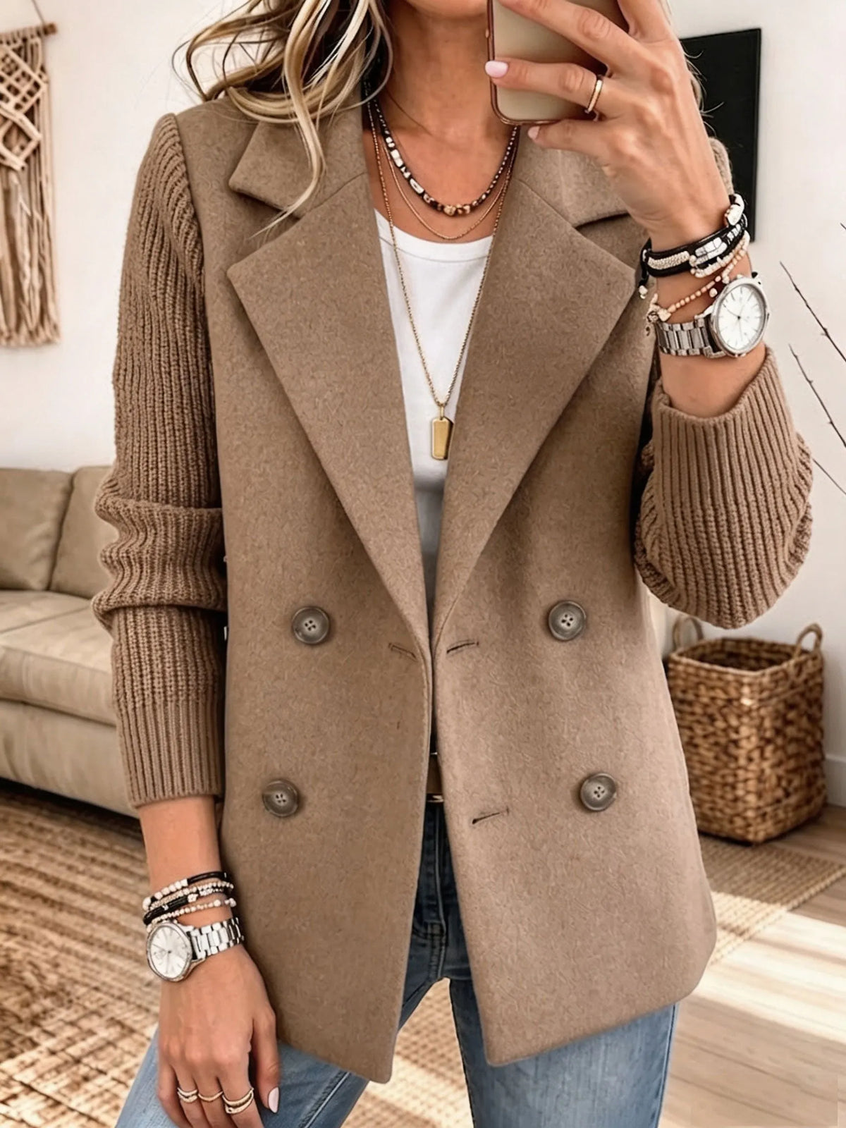 Marta Knit-Sleeve Double-Breasted Blazer