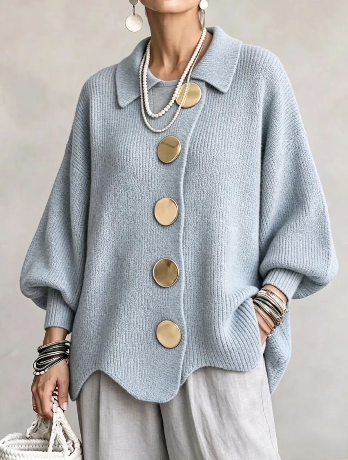 Vega Oversized Collared Cardigan with Gold Buttons