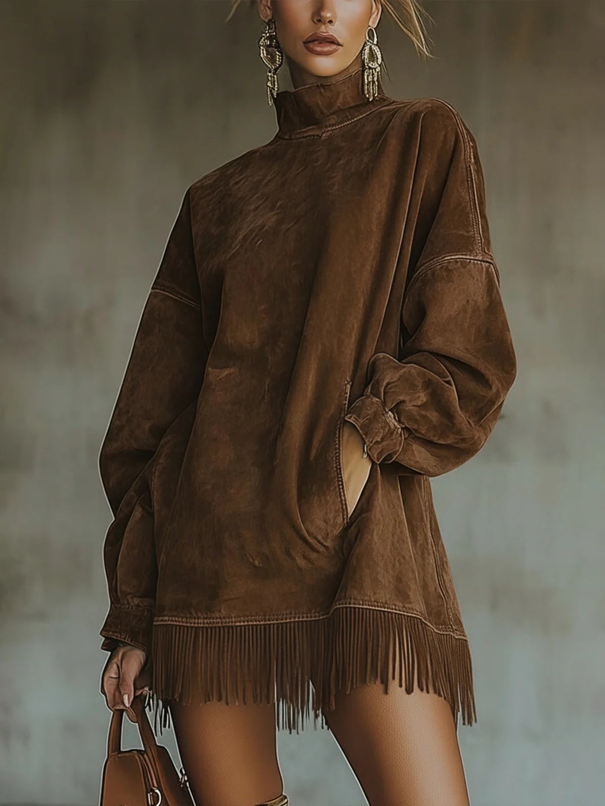 Gemma Faux Suede Turtleneck Fringe Dress
