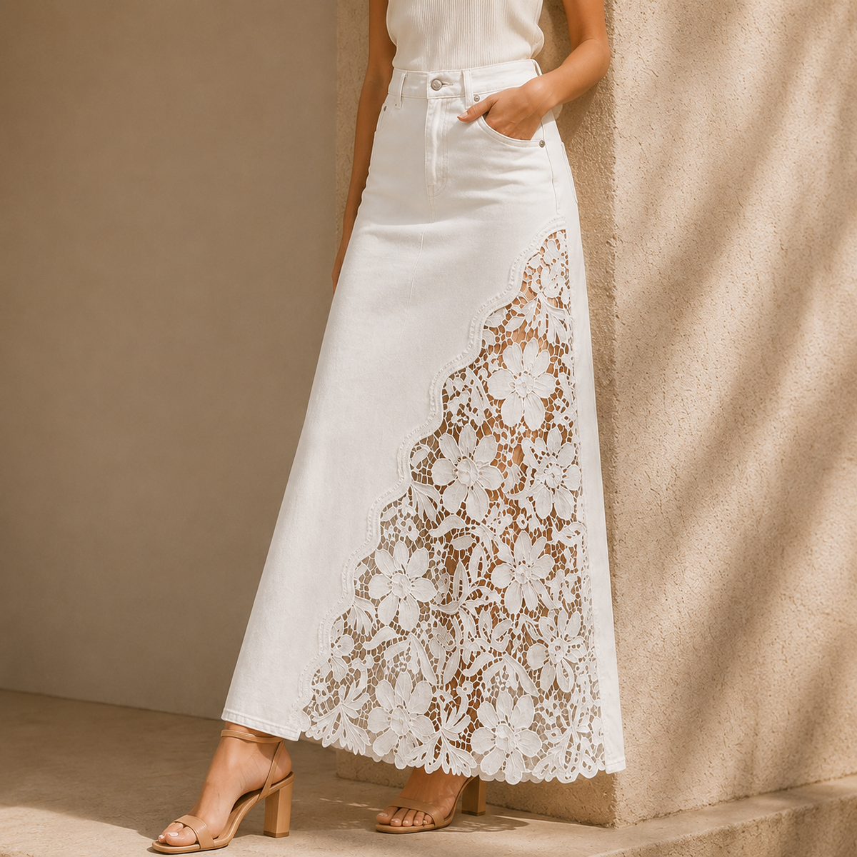 Elodie Lace Denim Maxi Skirt — source image position 4