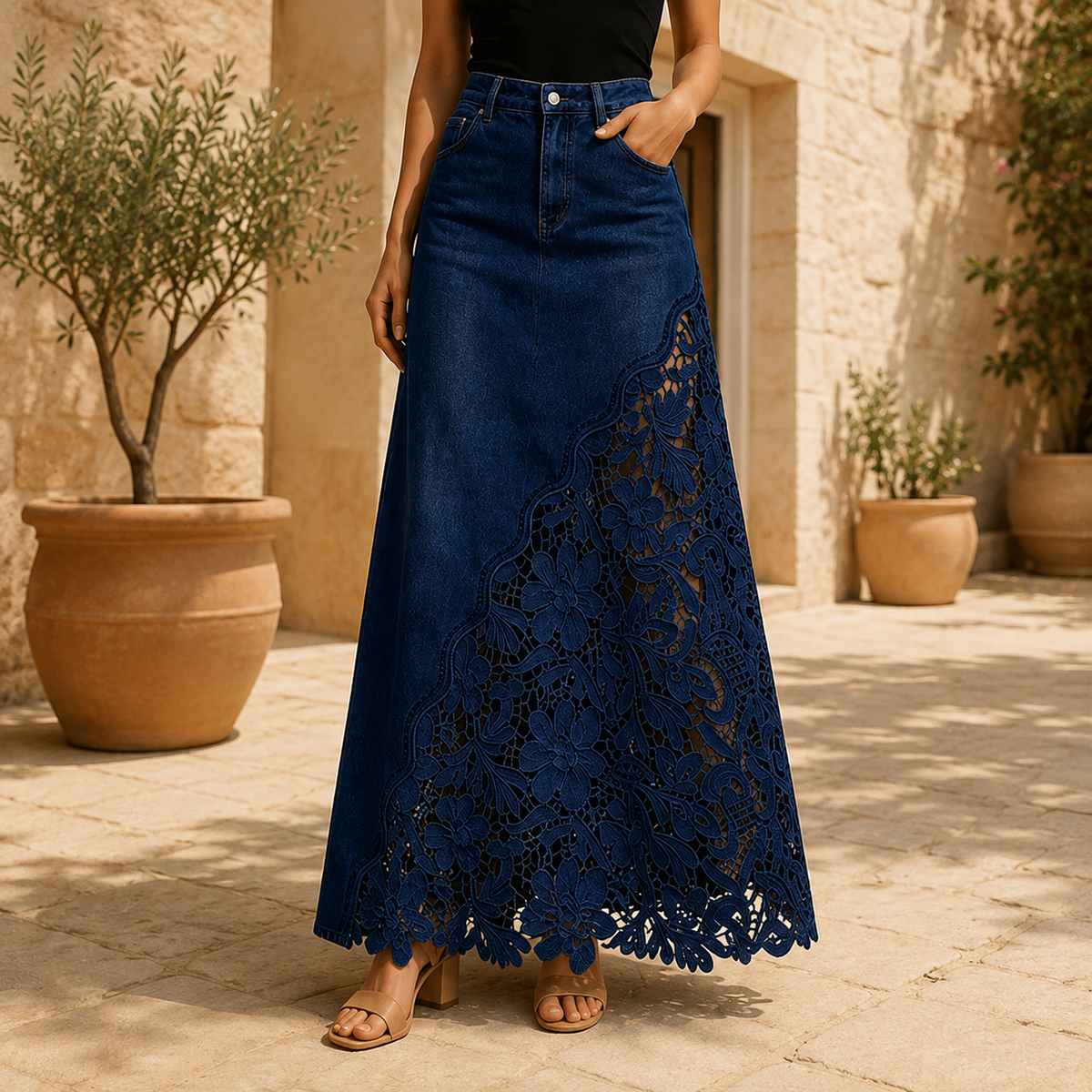 Elodie Lace Denim Maxi Skirt — source image position 8