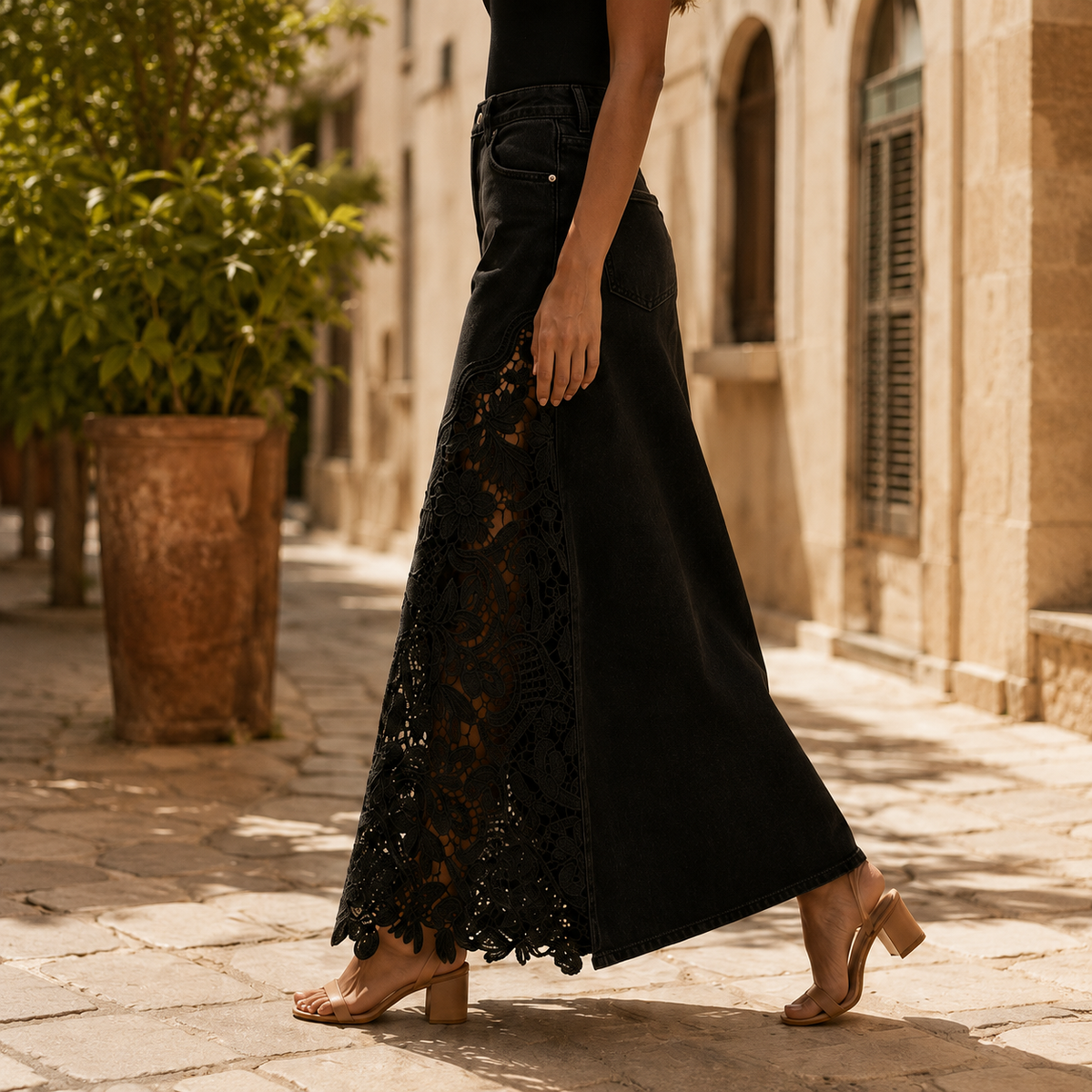 Elodie Lace Denim Maxi Skirt — source image position 11