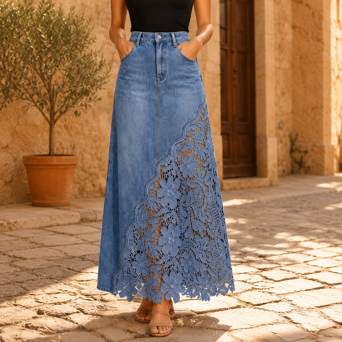 Elodie Lace Denim Maxi Skirt — source image position 13