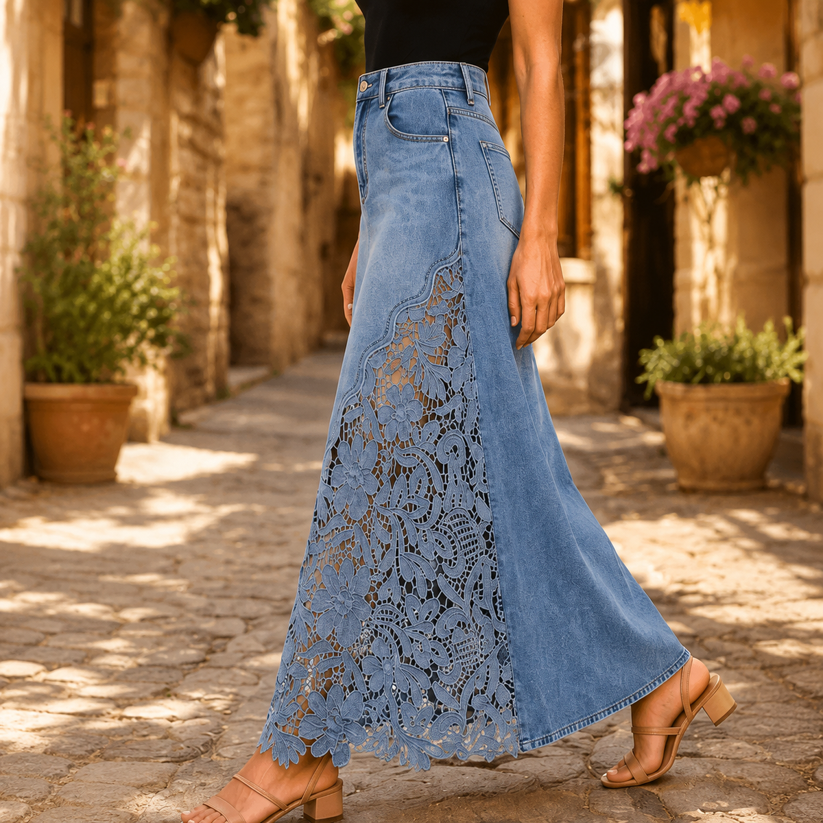 Elodie Lace Denim Maxi Skirt — source image position 14