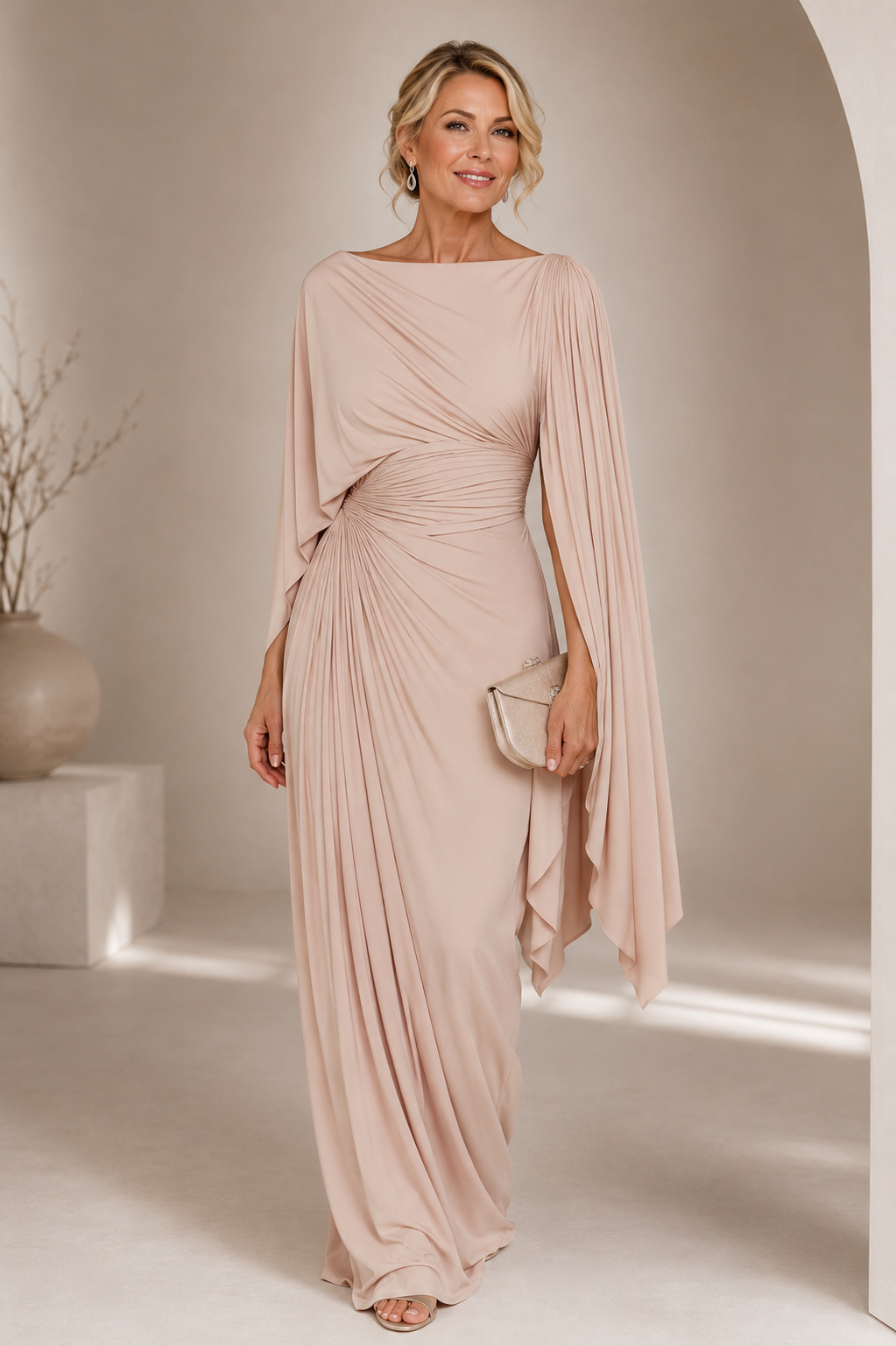 Abril Pleated Boat-Neck Maxi Dress