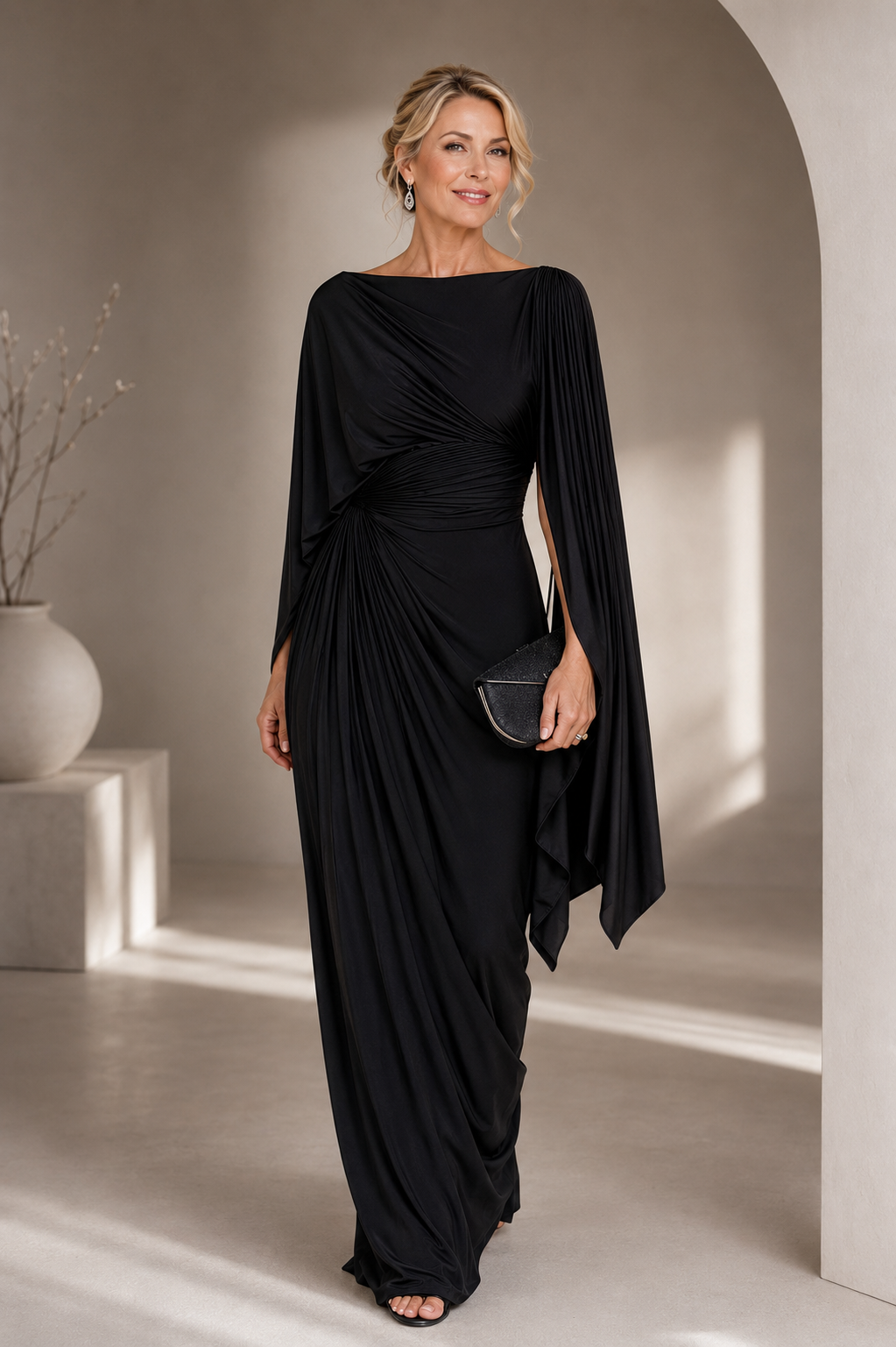 Abril Pleated Boat-Neck Maxi Dress