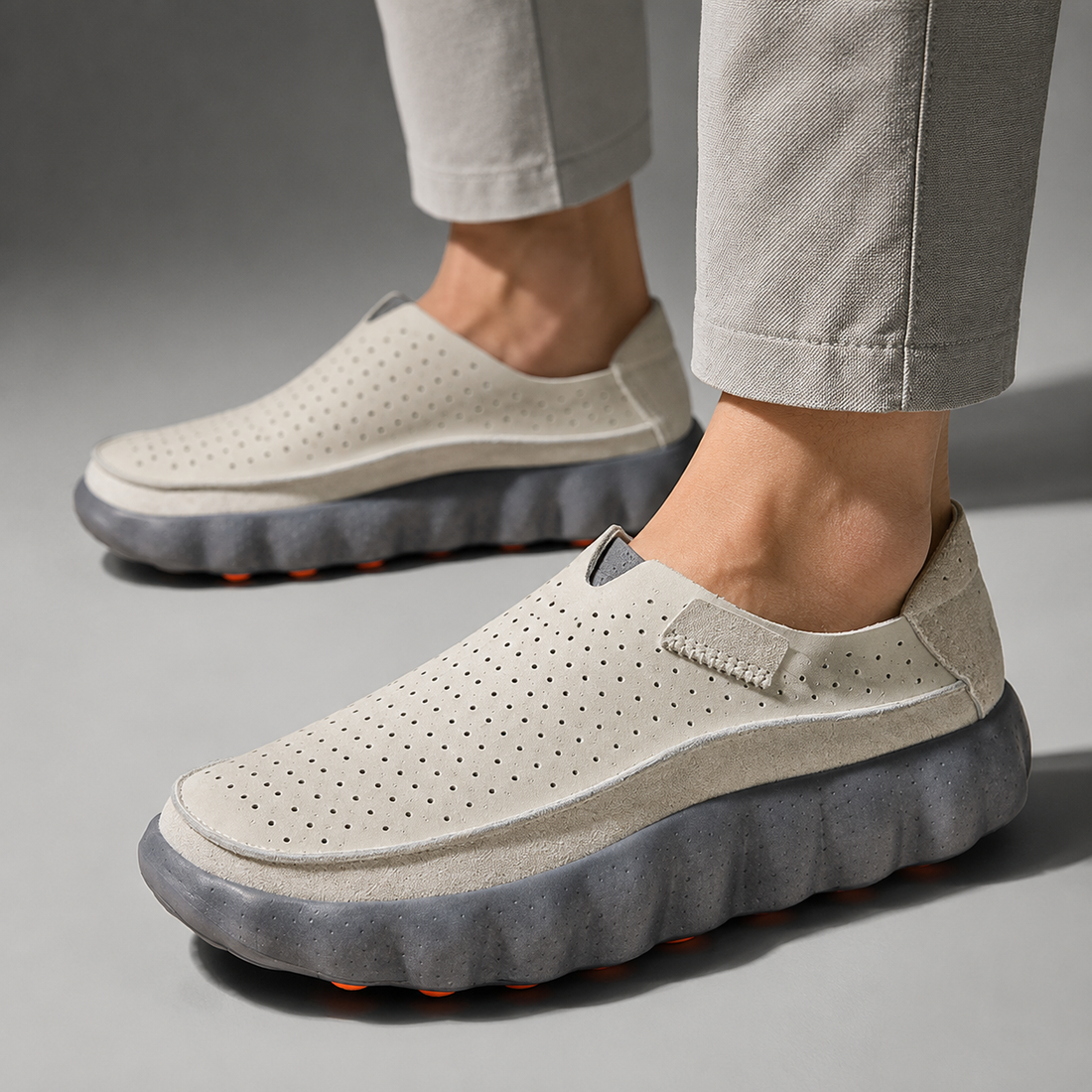 Soren loafers worn with smart-casual trousers