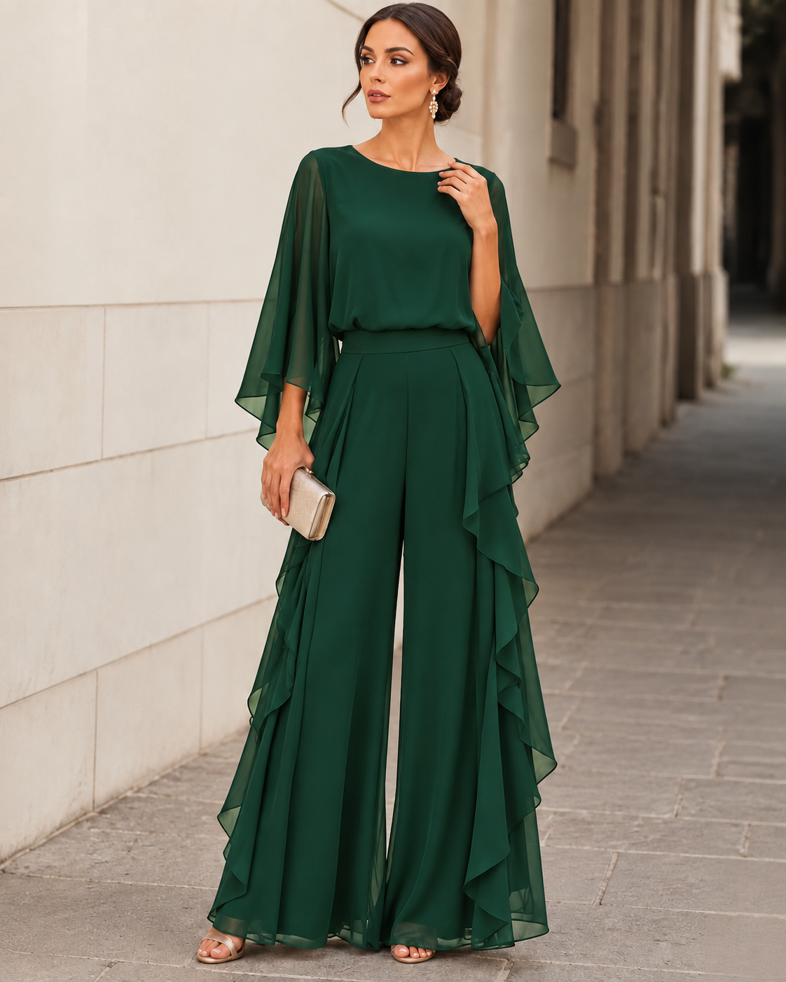 Adela Cape-Sleeve Blouse & Ruffled Skirt Set