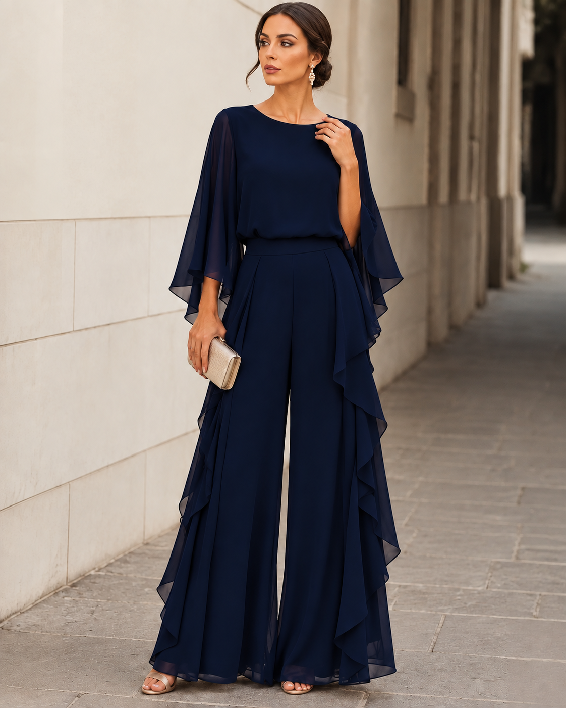 Adela Cape-Sleeve Blouse & Ruffled Skirt Set