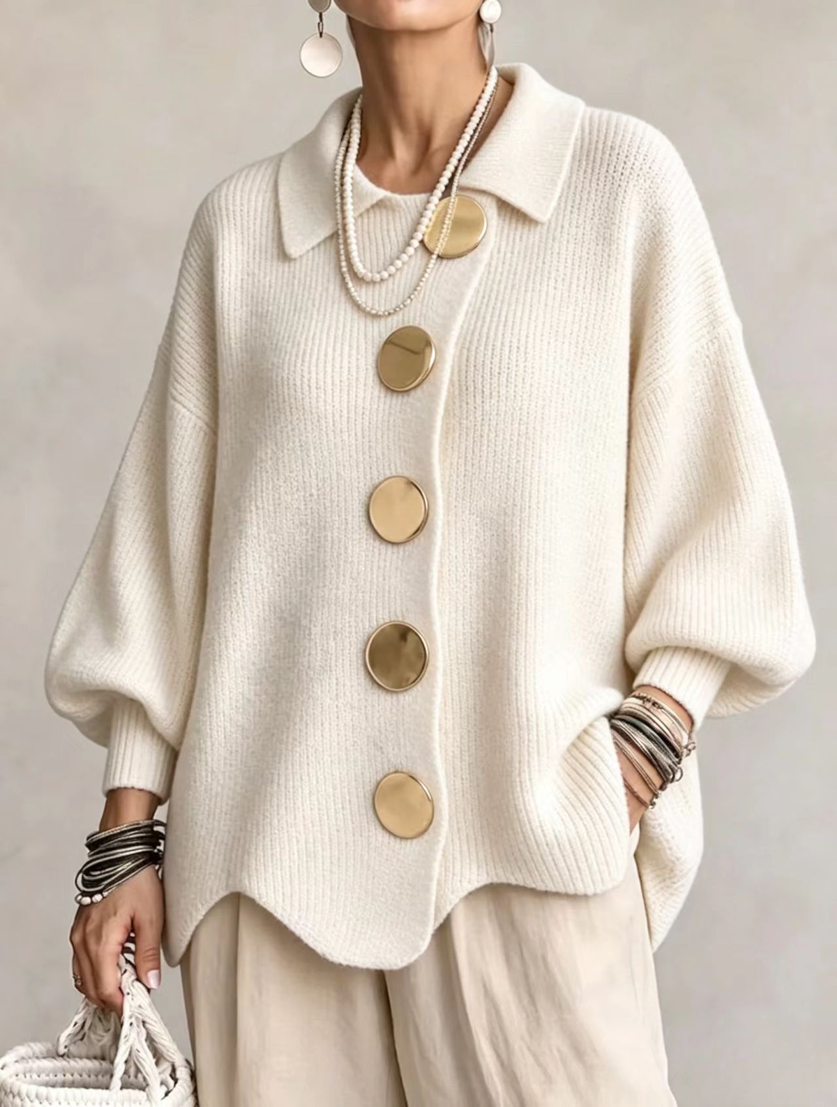 Vega Oversized Collared Cardigan with Gold Buttons