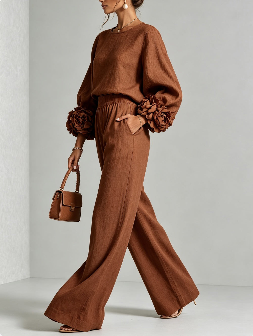 Almudena Floral-Cuff Top & Wide-Leg Trouser Set