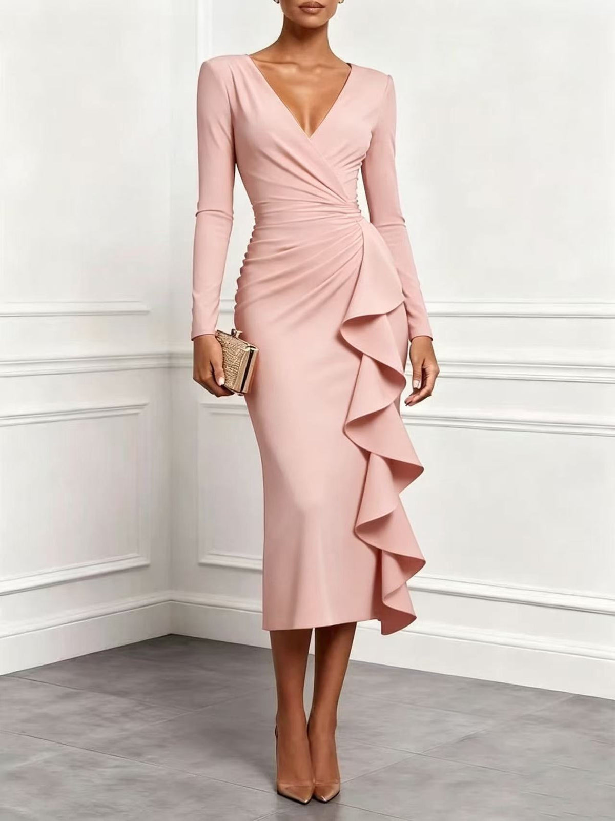Alicia Long-Sleeve Wrap Ruffle Midi Dress