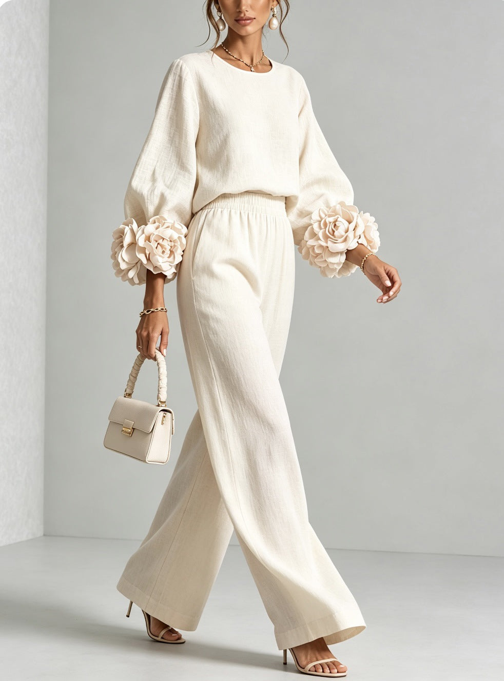 Almudena Floral-Cuff Top & Wide-Leg Trouser Set