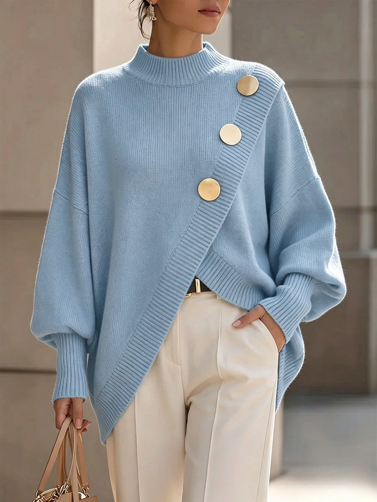 Noelia Asymmetric Knit Jumper with Gold Buttons