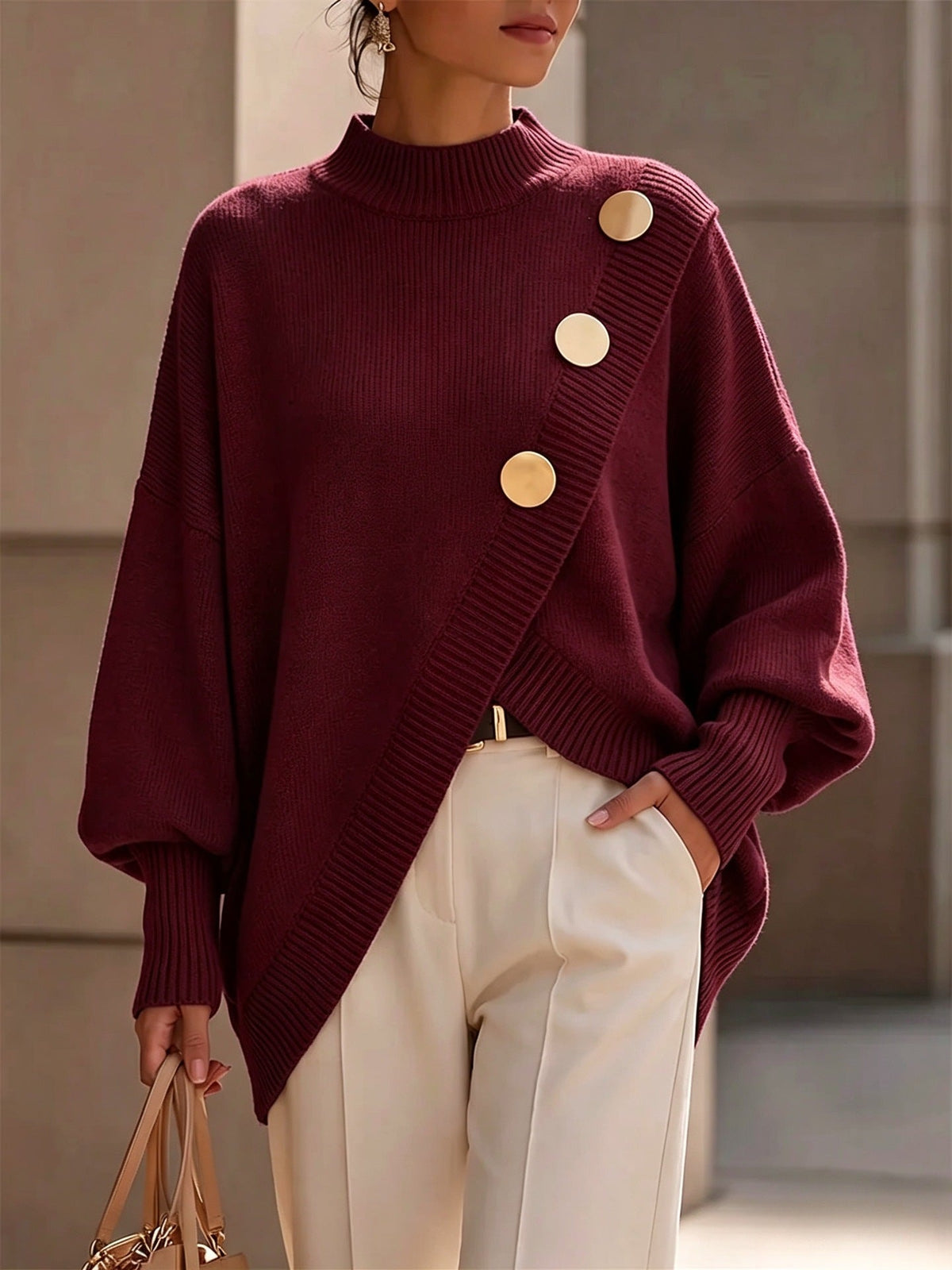Noelia Asymmetric Knit Jumper with Gold Buttons