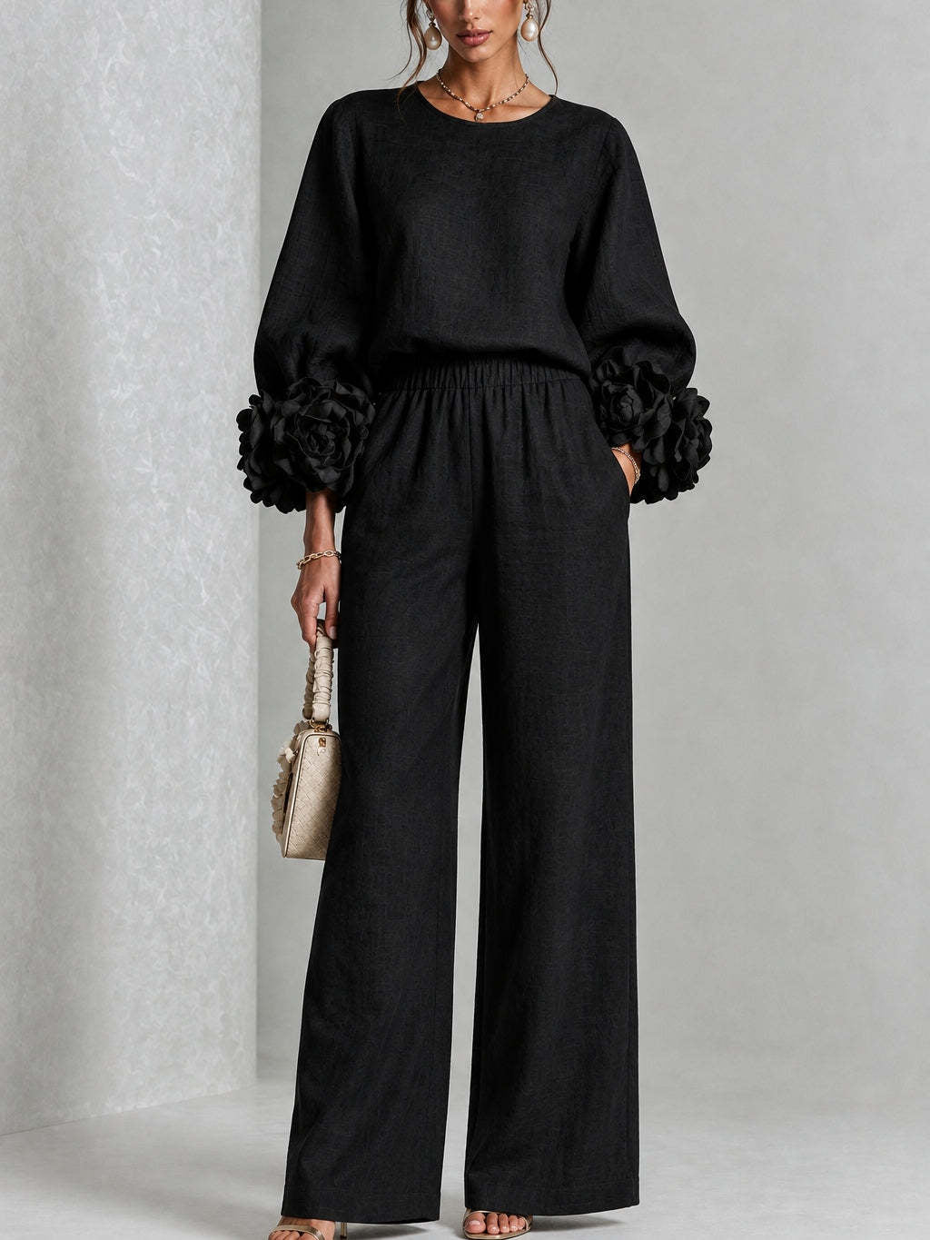Almudena Floral-Cuff Top & Wide-Leg Trouser Set
