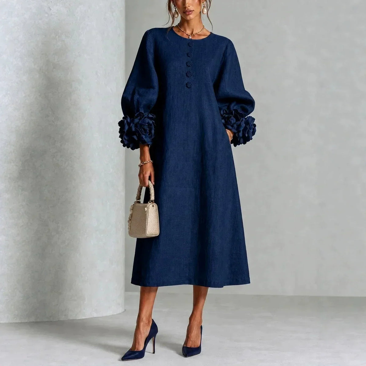 Estela Floral-Button Midi Dress with Rose Cuffs
