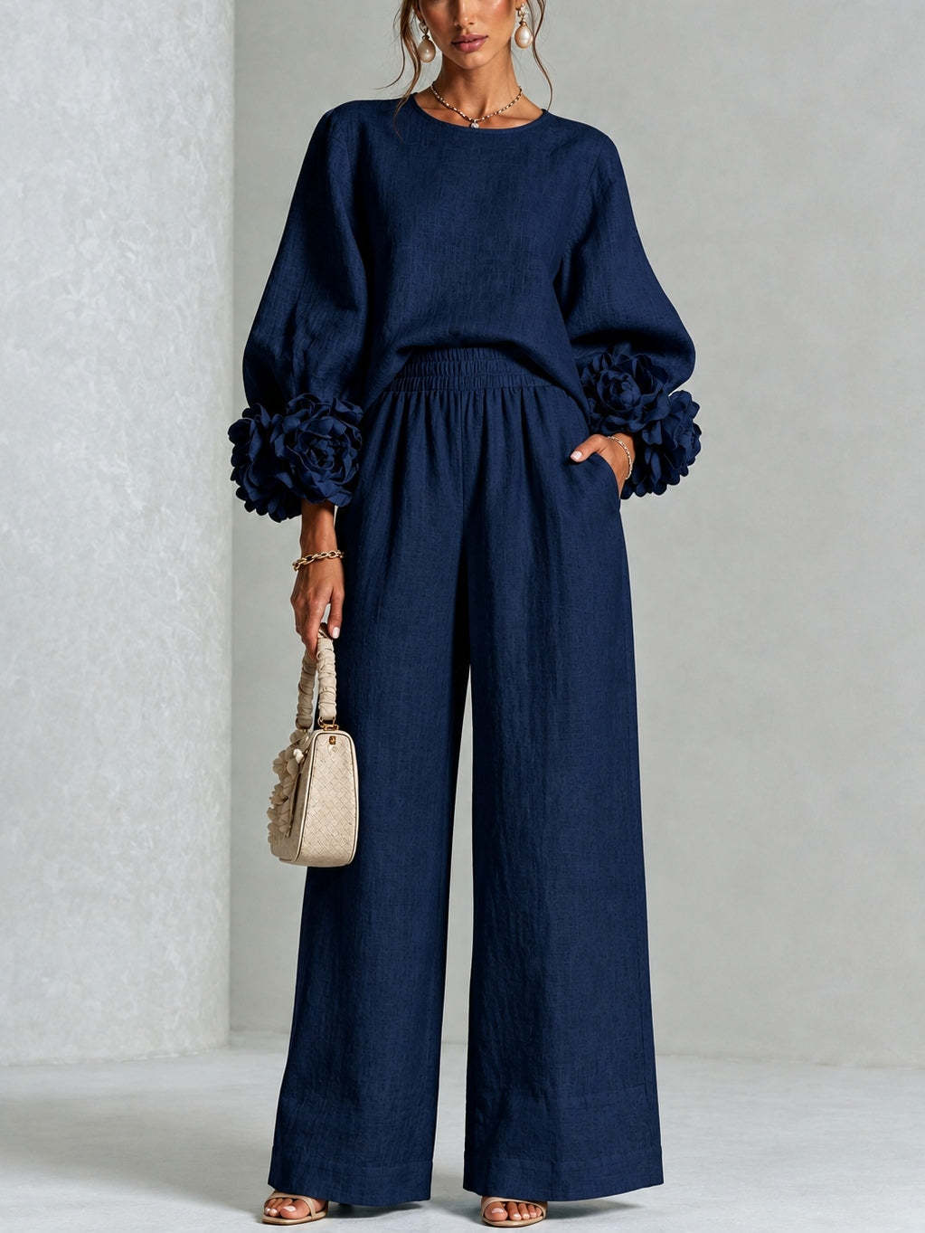 Almudena Floral-Cuff Top & Wide-Leg Trouser Set