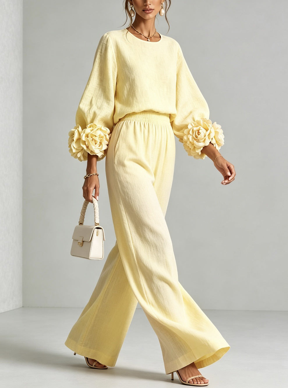 Almudena Floral-Cuff Top & Wide-Leg Trouser Set