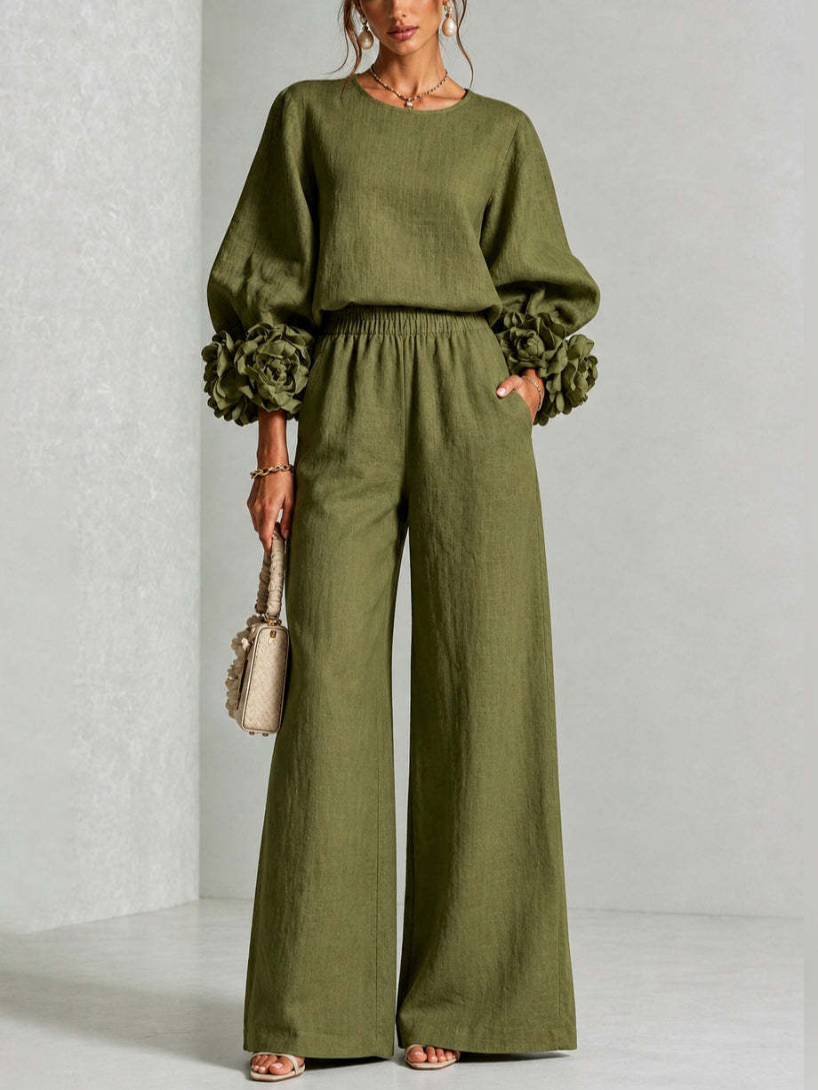 Almudena Floral-Cuff Top & Wide-Leg Trouser Set