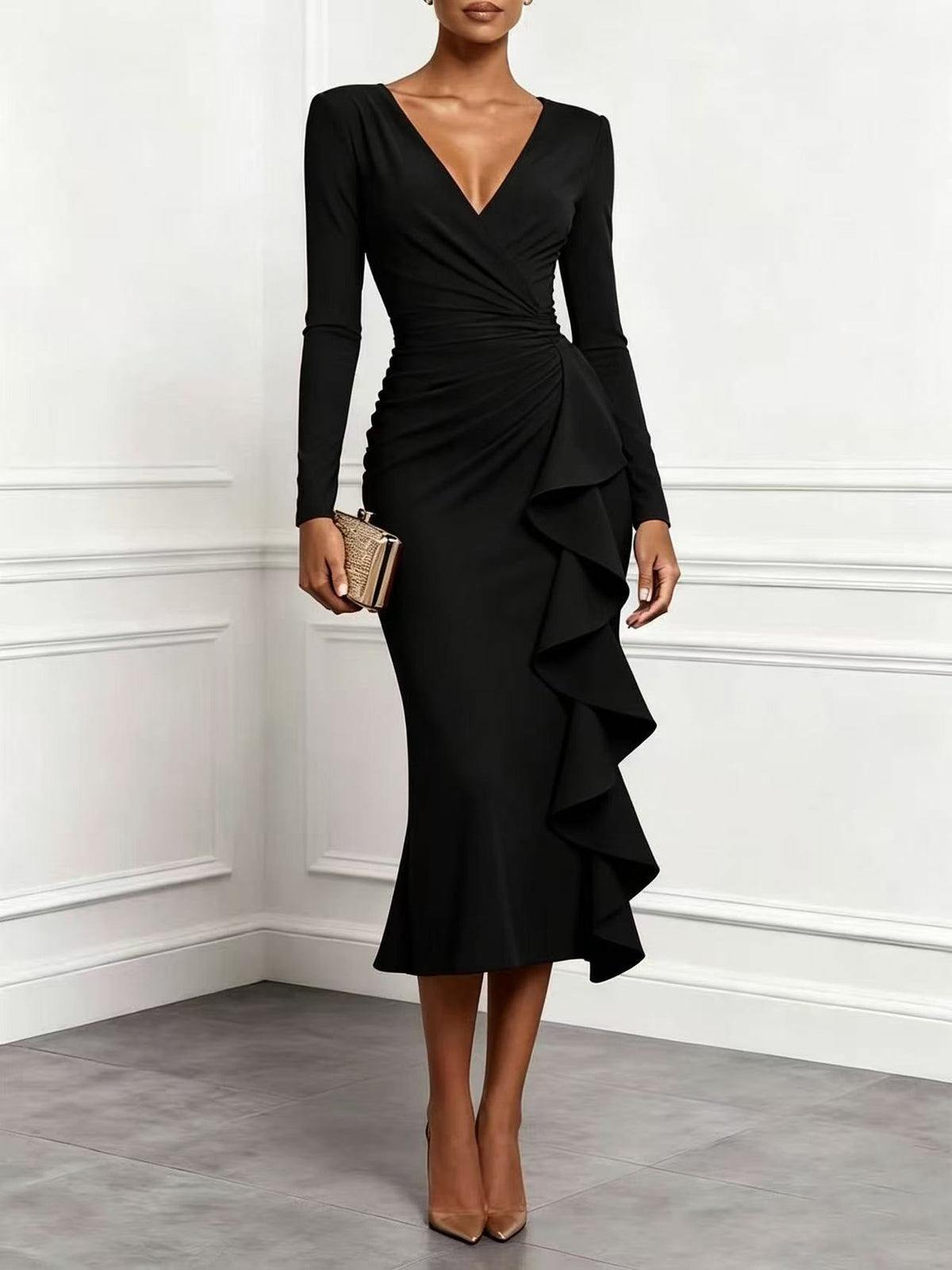 Alicia Long-Sleeve Wrap Ruffle Midi Dress