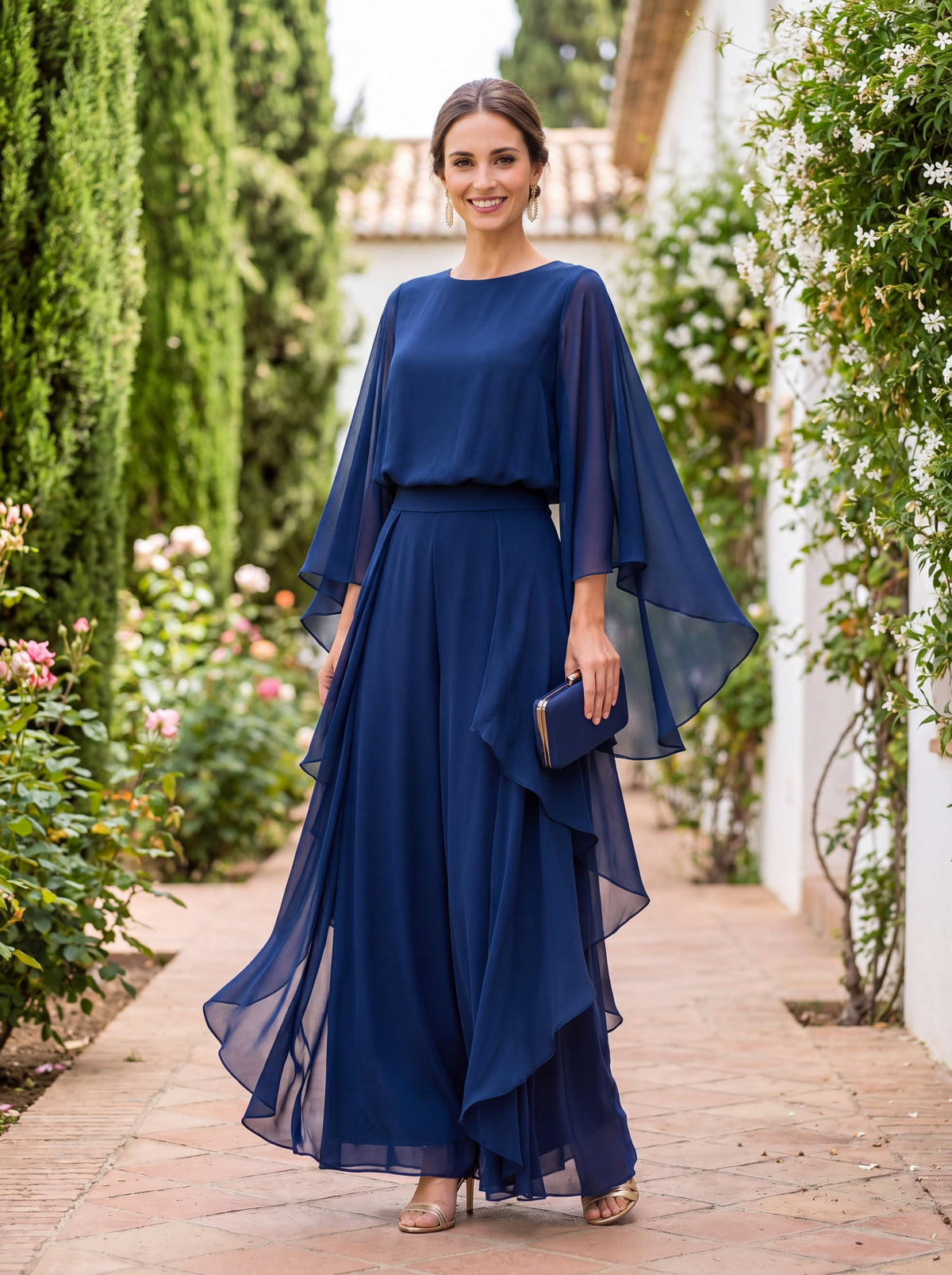 Adela Cape-Sleeve Blouse & Ruffled Skirt Set