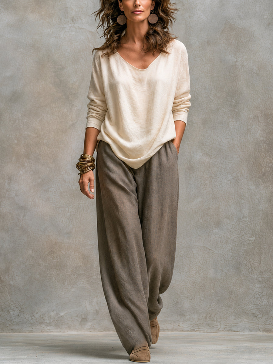 Viviana Three-Piece Cardigan & Palazzo Trouser Set, Beige & Grey