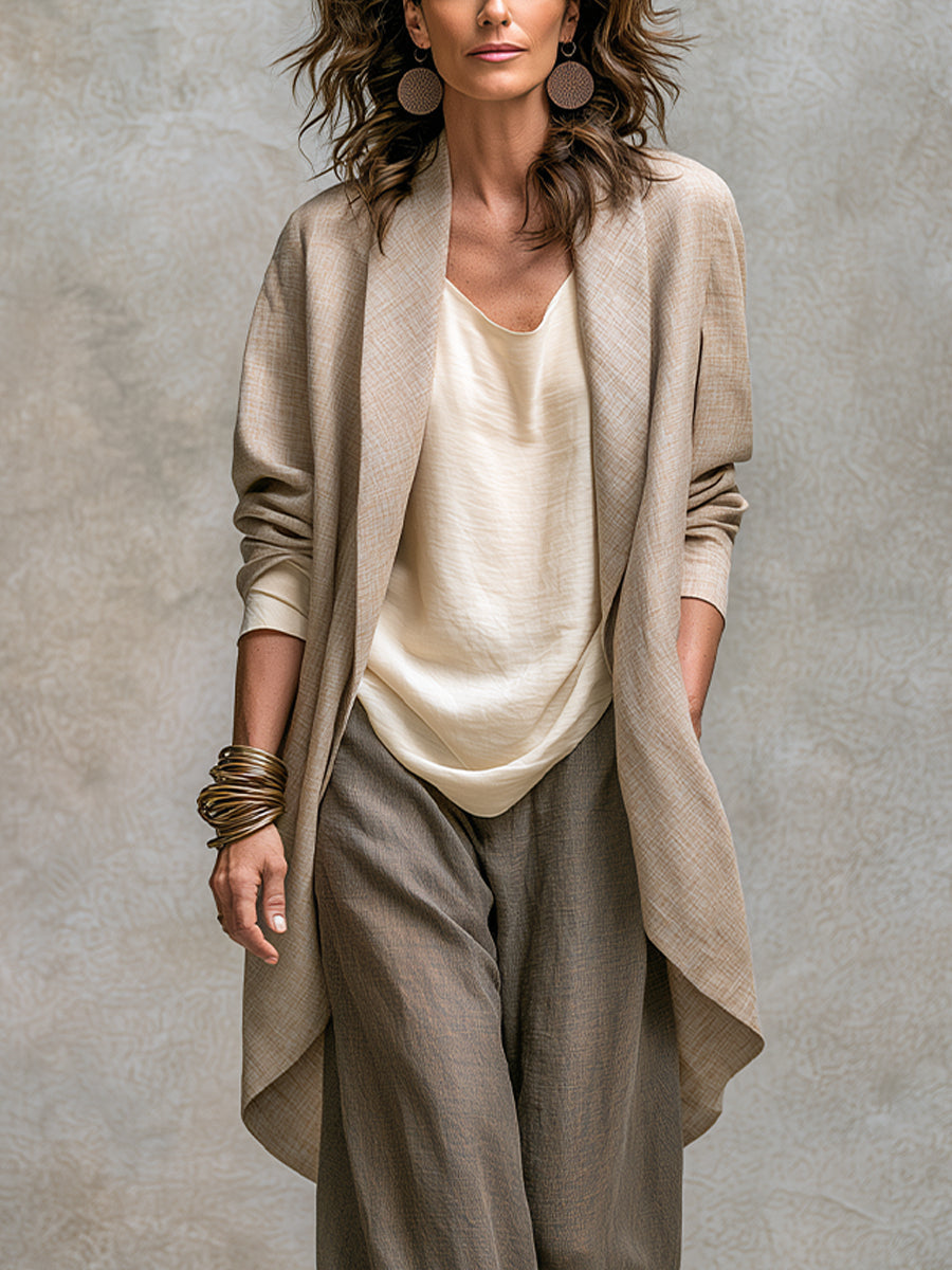 Viviana Three-Piece Cardigan & Palazzo Trouser Set, Beige & Grey