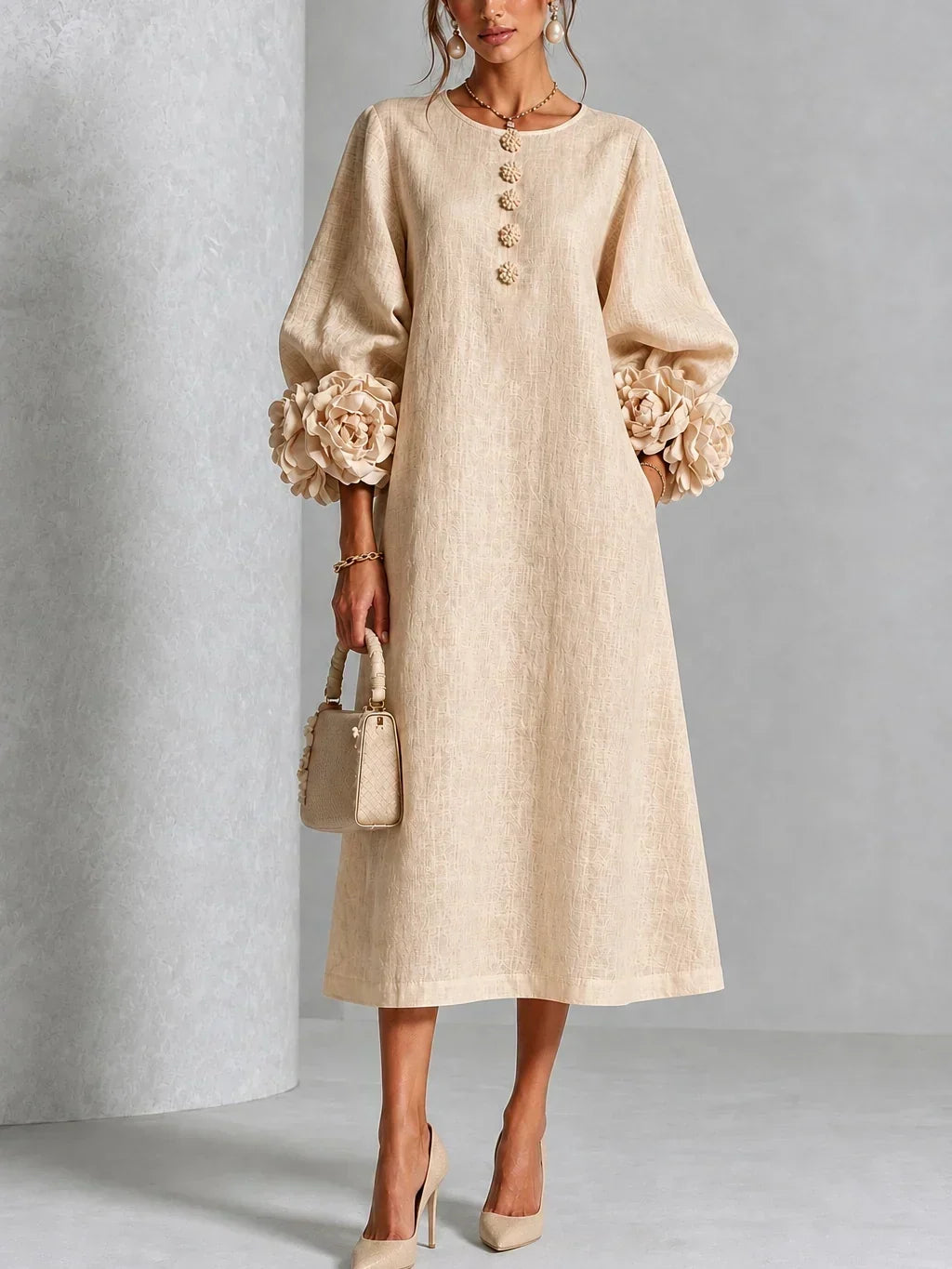 Estela Floral-Button Midi Dress with Rose Cuffs