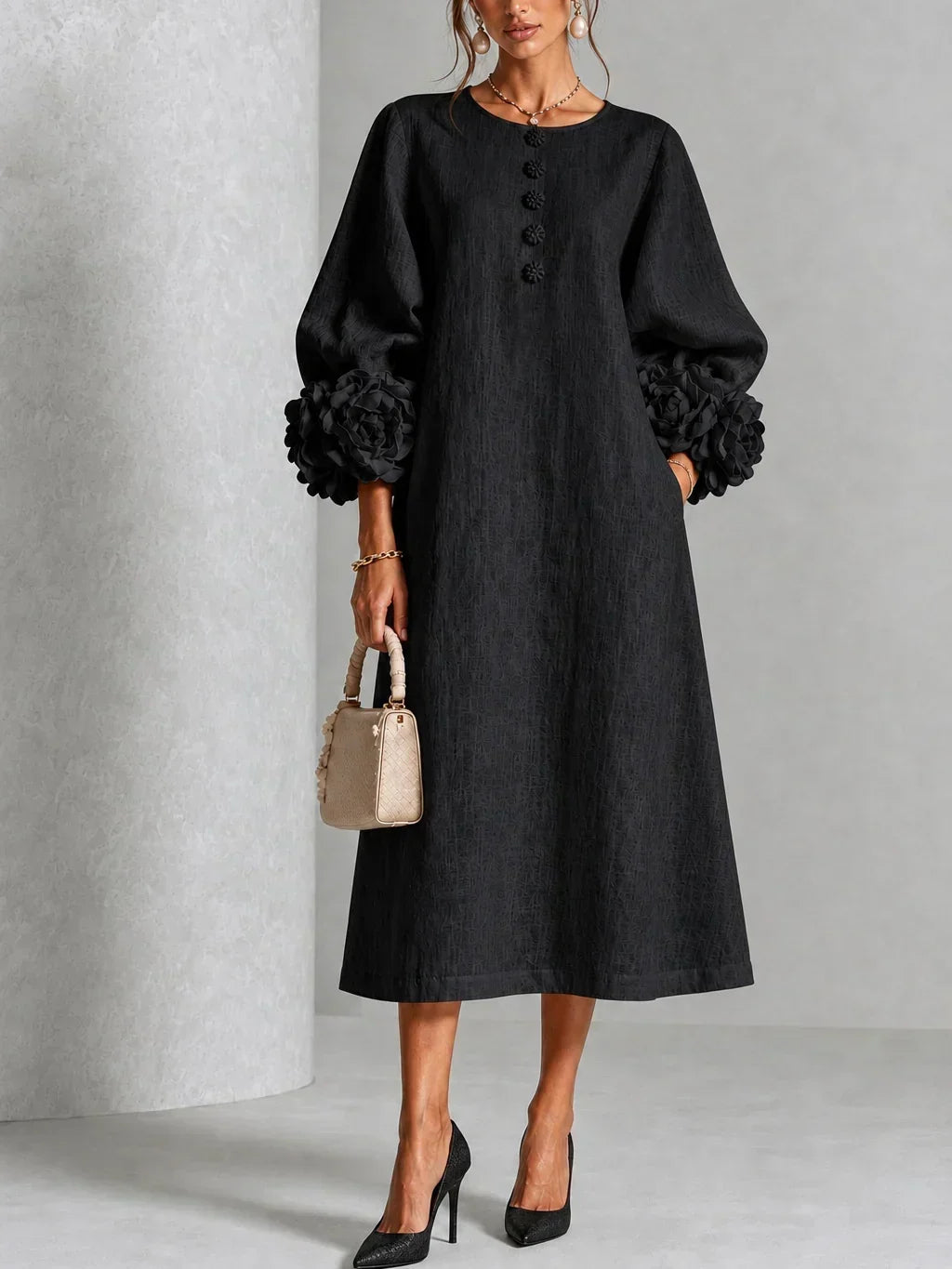 Estela Floral-Button Midi Dress with Rose Cuffs