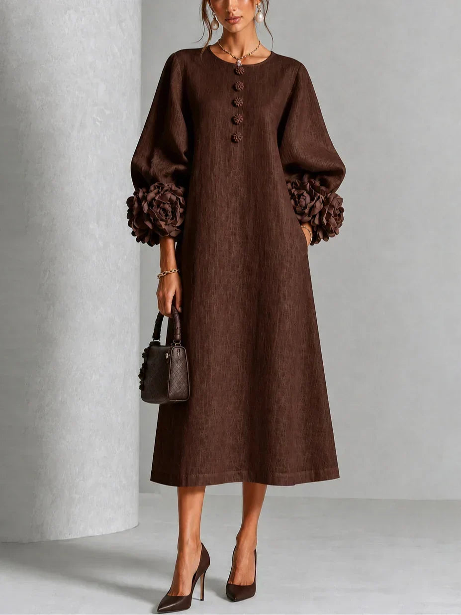 Estela Floral-Button Midi Dress with Rose Cuffs