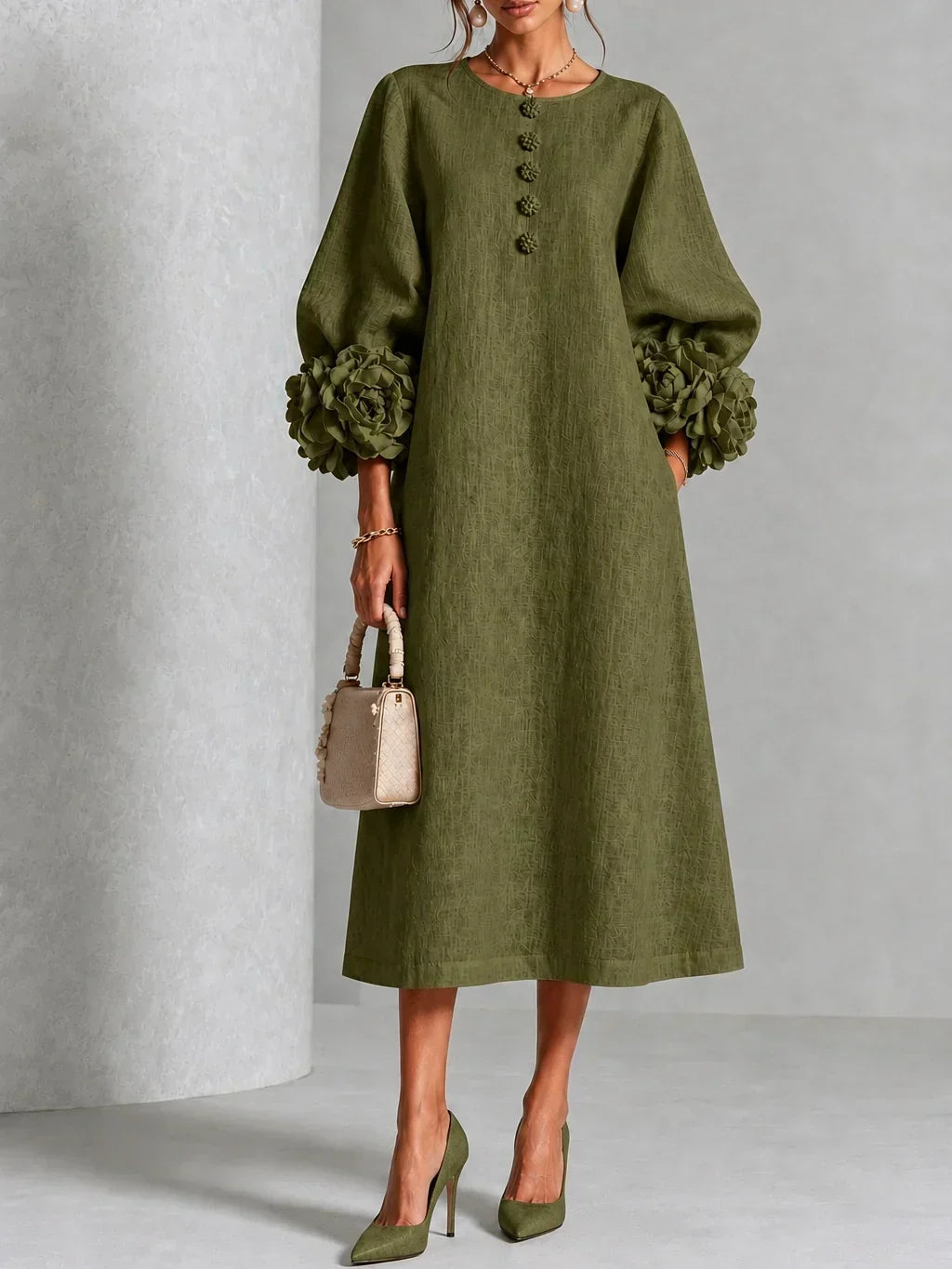 Estela Floral-Button Midi Dress with Rose Cuffs