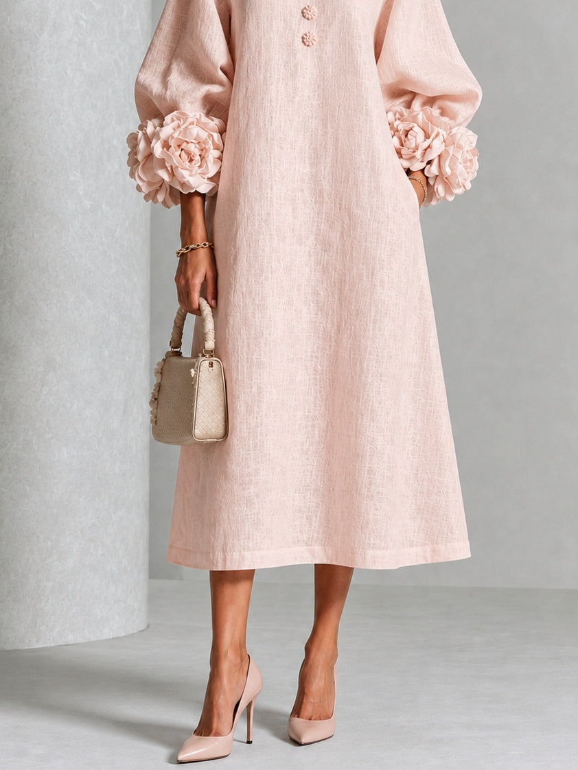 Estela Floral-Button Midi Dress with Rose Cuffs