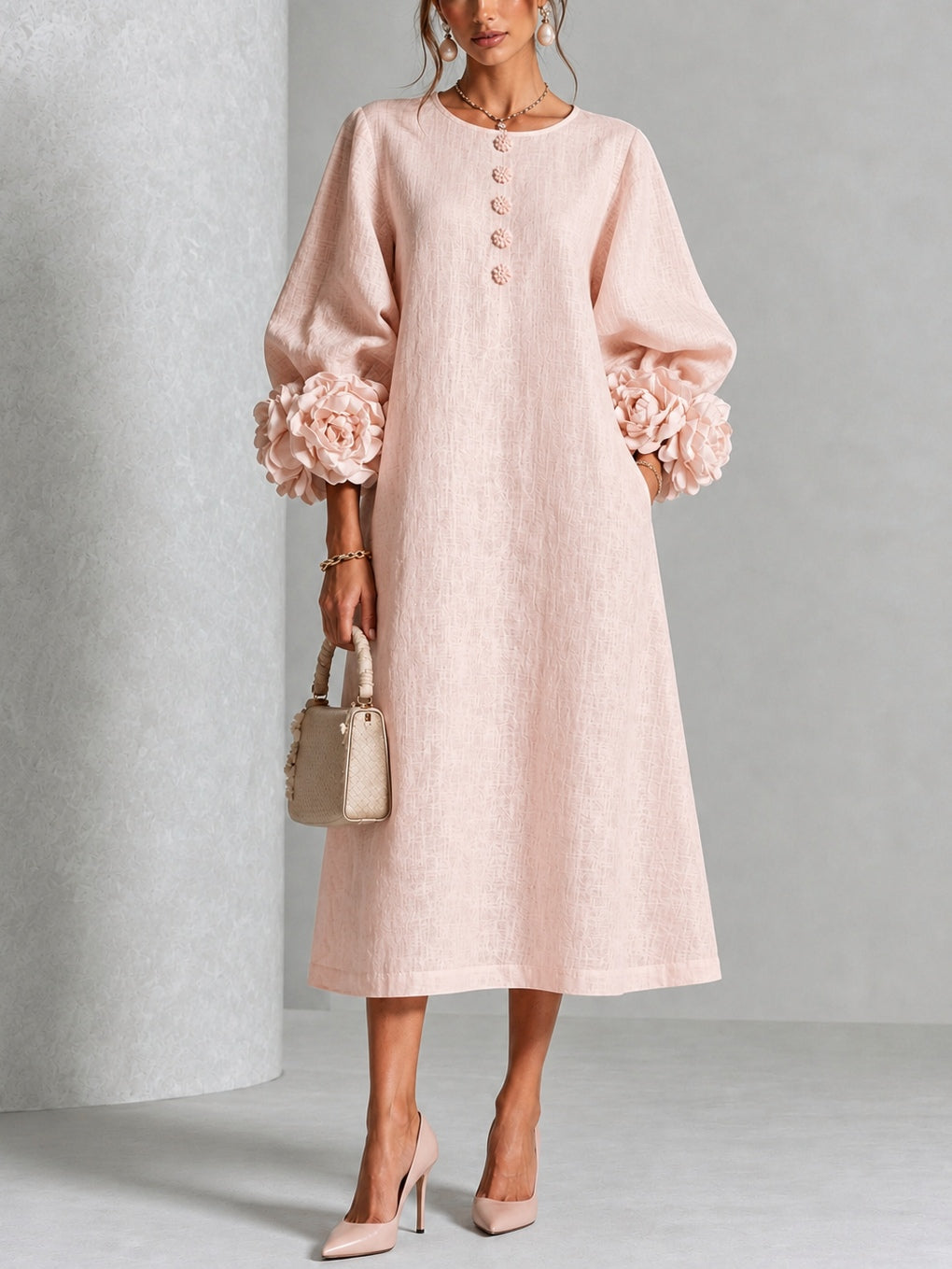 Estela Floral-Button Midi Dress with Rose Cuffs