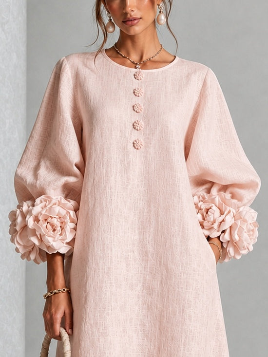 Estela Floral-Button Midi Dress with Rose Cuffs