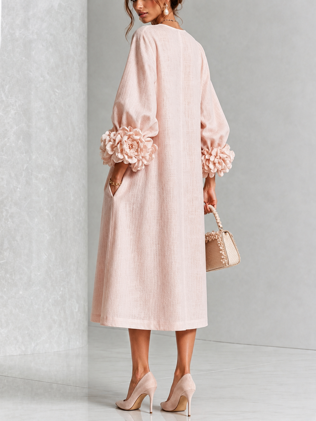 Estela Floral-Button Midi Dress with Rose Cuffs