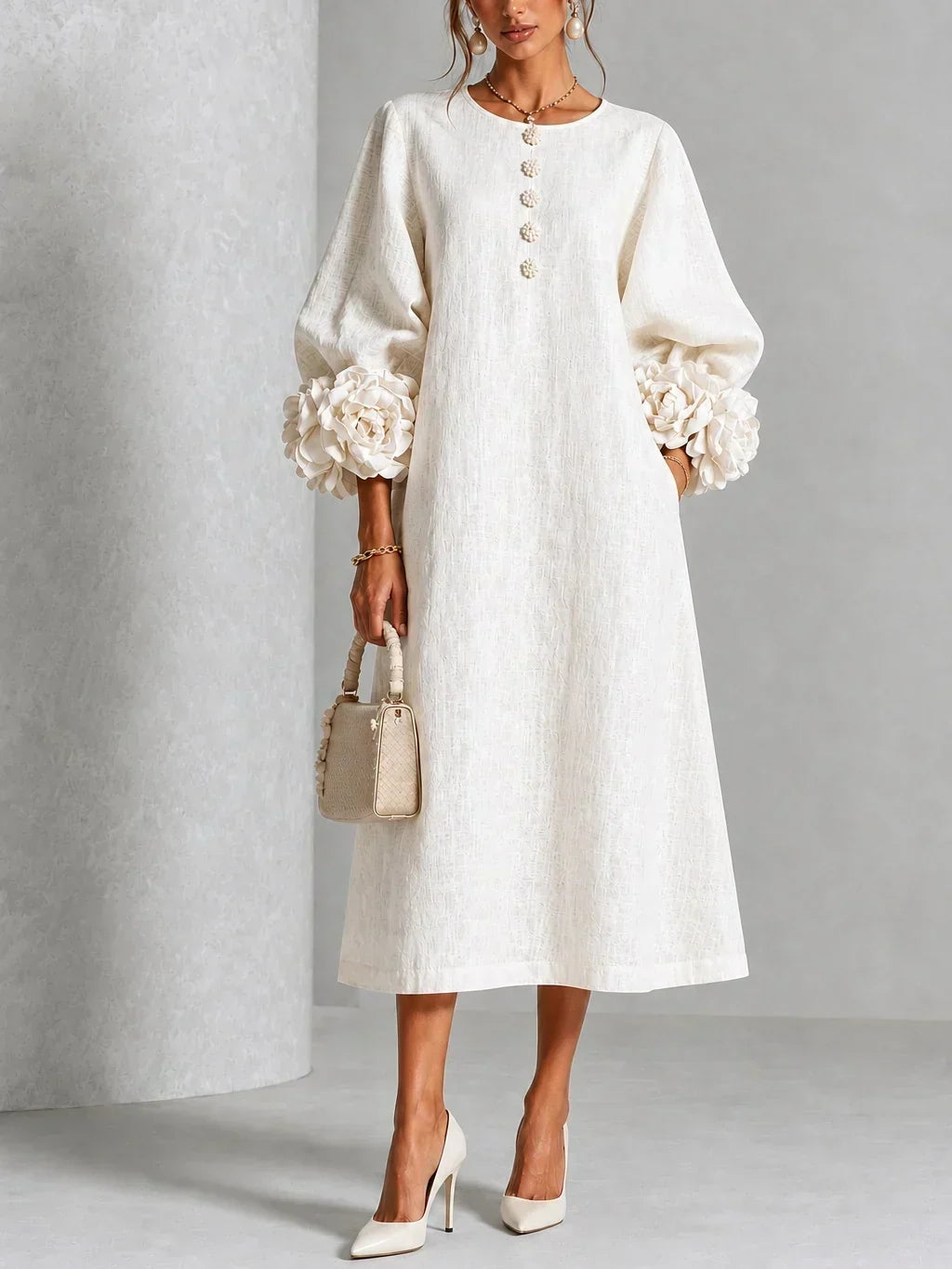 Estela Floral-Button Midi Dress with Rose Cuffs