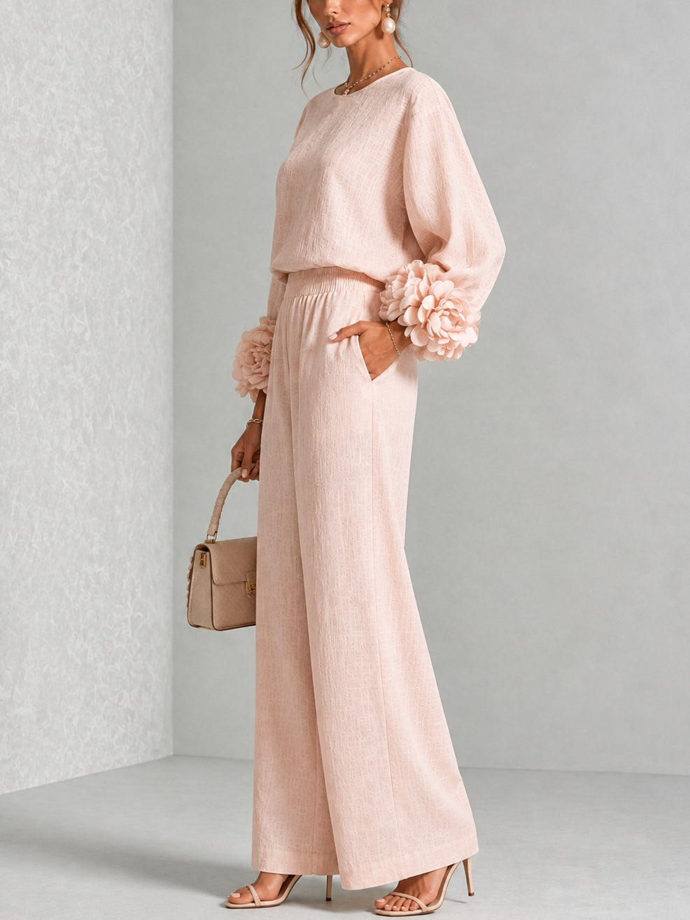 Almudena Floral-Cuff Top & Wide-Leg Trouser Set