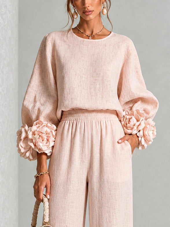 Almudena Floral-Cuff Top & Wide-Leg Trouser Set