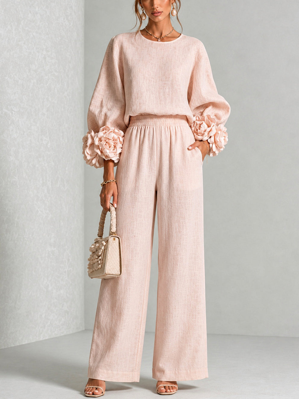 Almudena Floral-Cuff Top & Wide-Leg Trouser Set