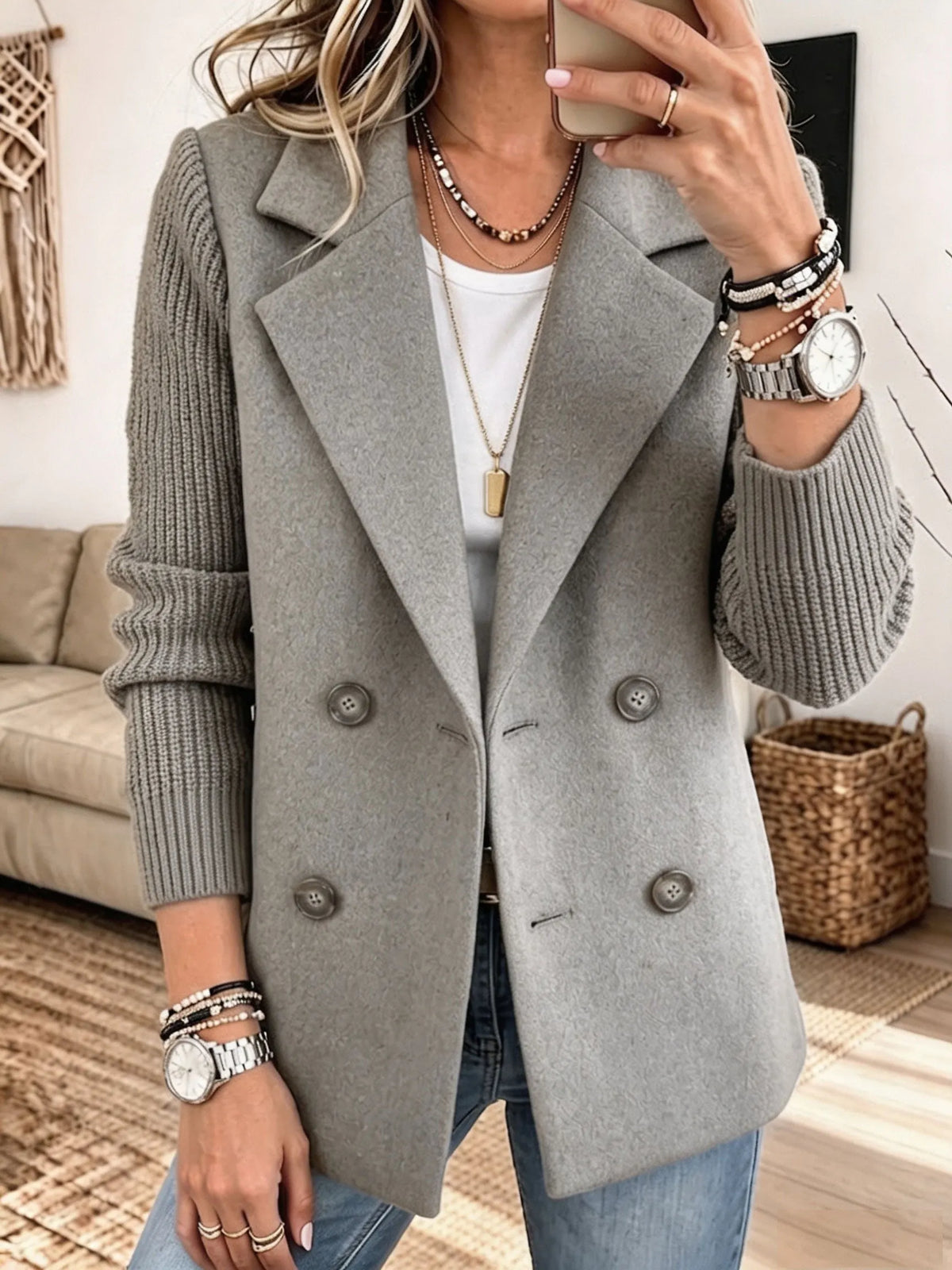 Marta Knit-Sleeve Double-Breasted Blazer