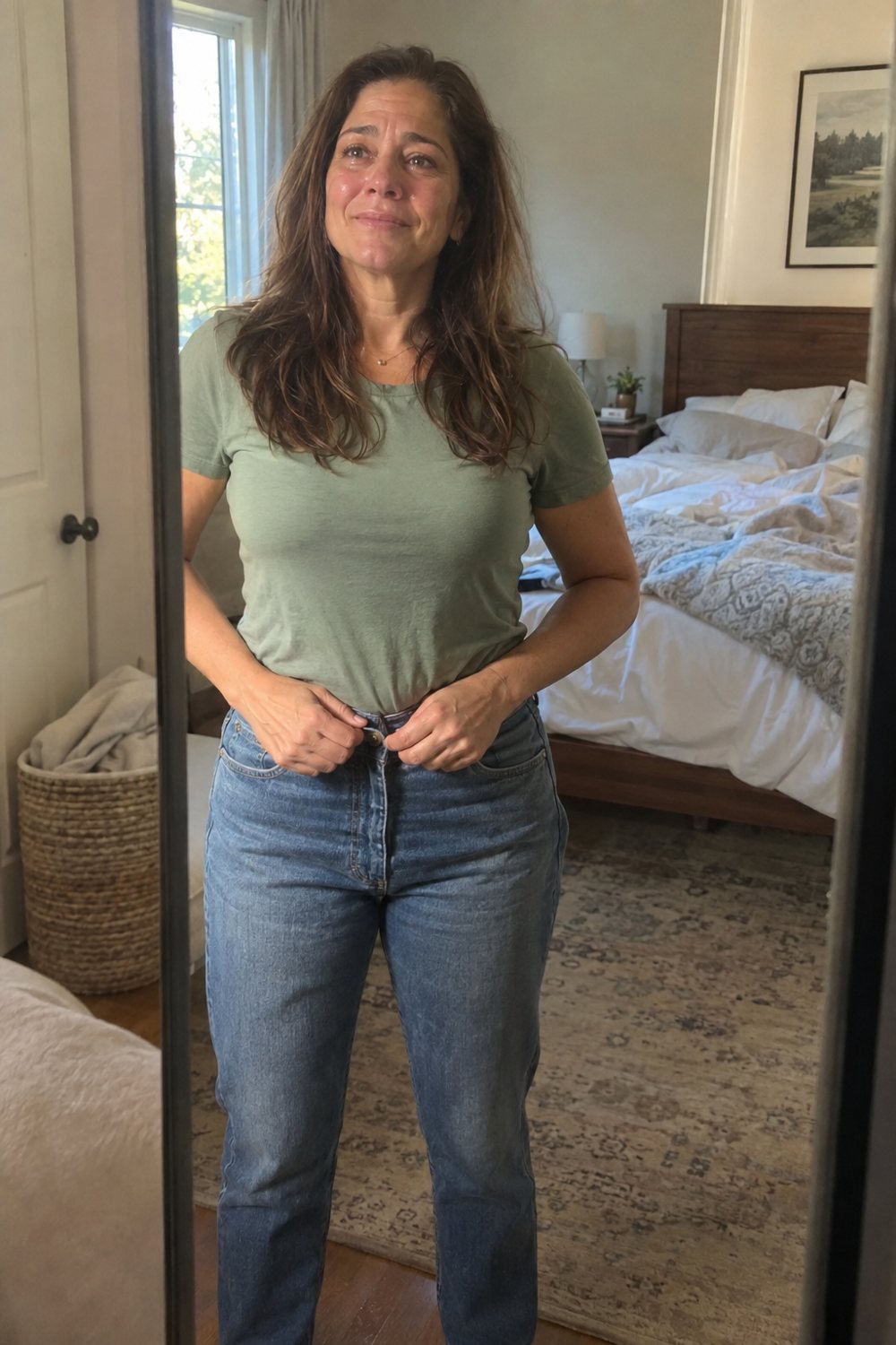 Donna che si abbottona i jeans di una volta, in piedi