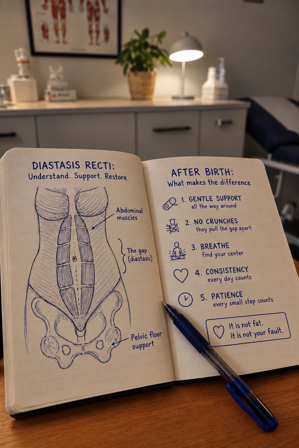 Clinic notebook with a hand-drawn diastasis recti diagram